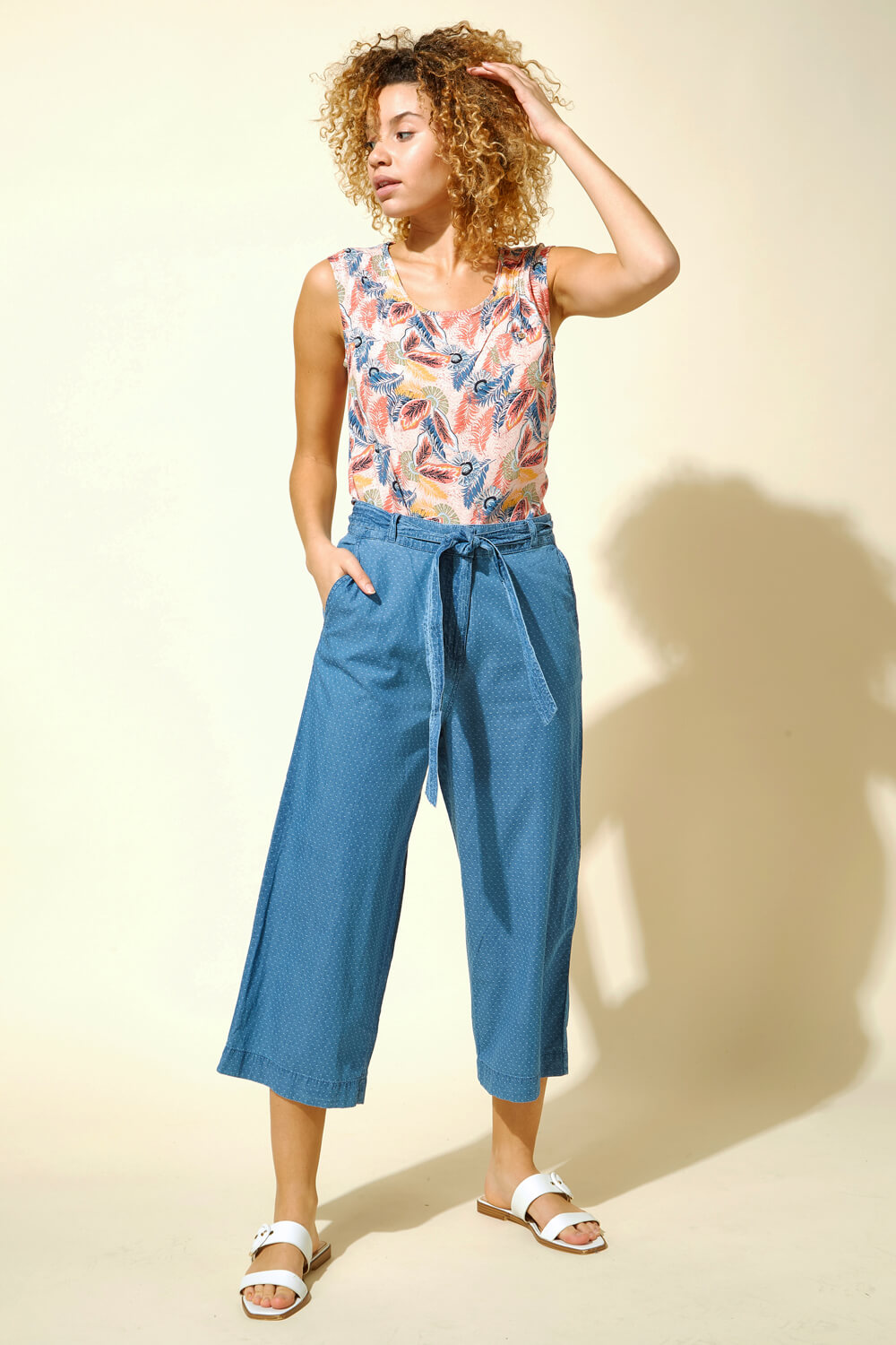 Blue Spot Print Belted Culottes, Image 3 of 4