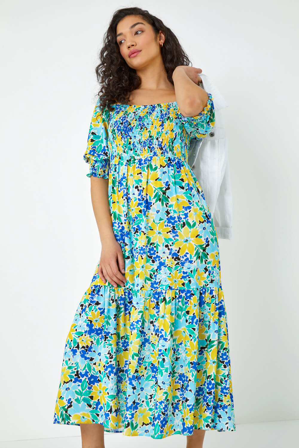 Blue Floral Stretch Shirred Midi Dress, Image 4 of 5