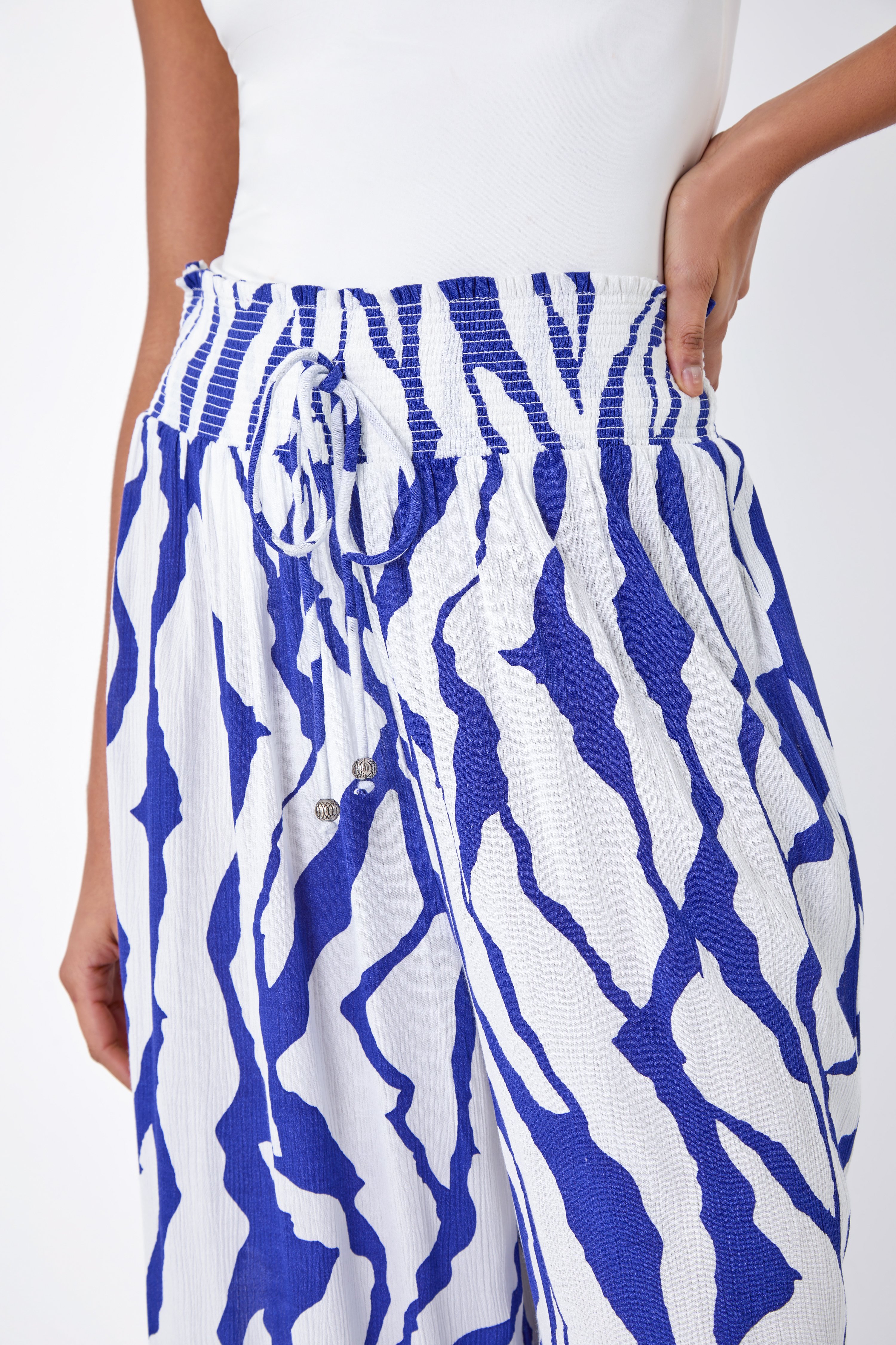 Royal Blue Animal Stretch Shirred Wide Leg Trousers, Image 5 of 5