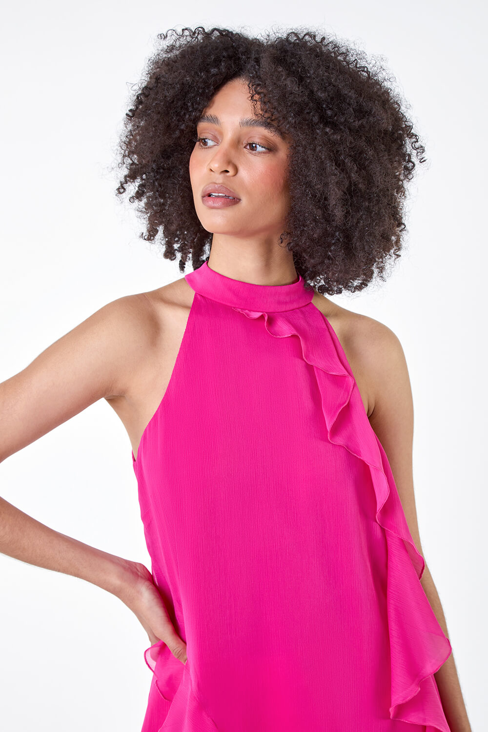 CERISE Halterneck Asymmetric Frill Detail Top, Image 4 of 5