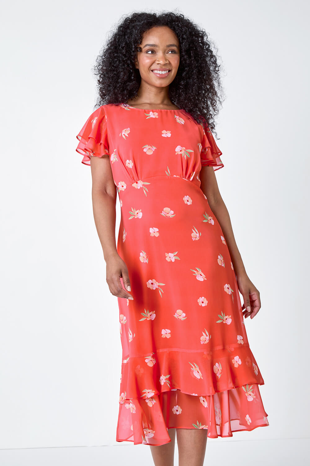 CORAL Petite Floral Chiffon Frill Tiered Midi Dress, Image 2 of 5