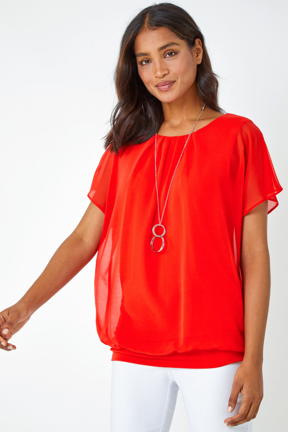 Chiffon Jersey Blouson Top with Necklace