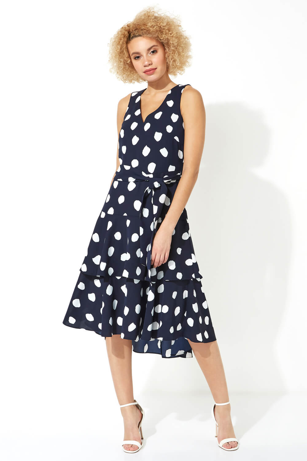 Navy  Spot Frill Tiered Belted Dress, Image 4 of 5