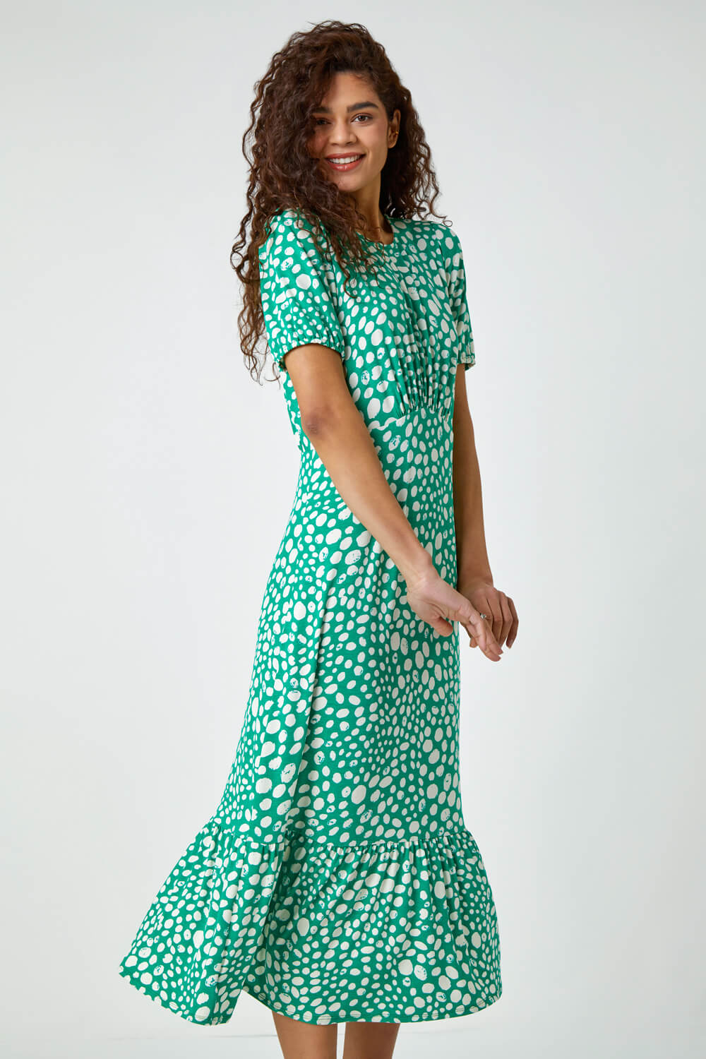 Green Pebble Print Frill Hem Midi Dress , Image 2 of 5