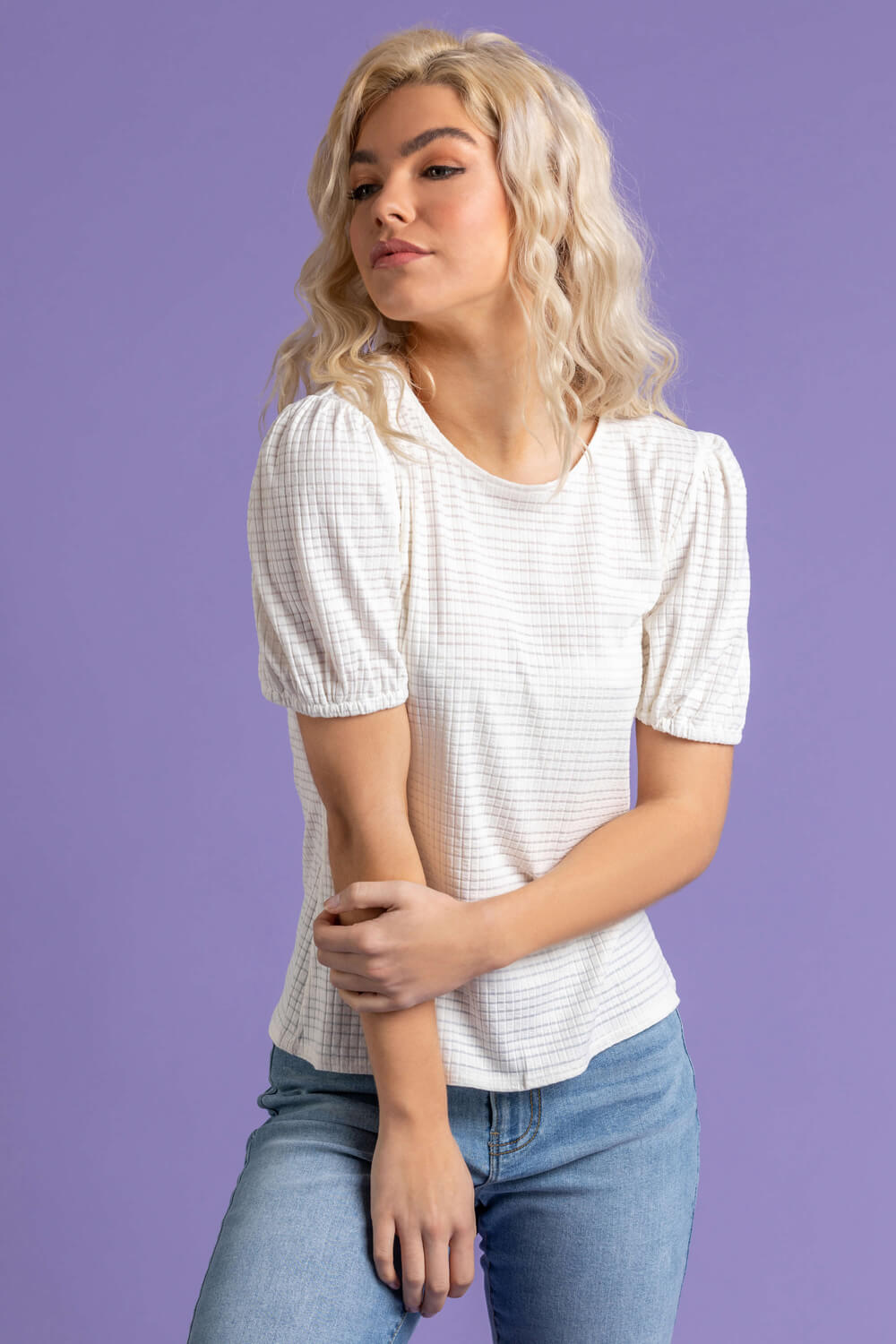 Ivory  Textured Puff Sleeve Jersey Top, Image 5 of 5