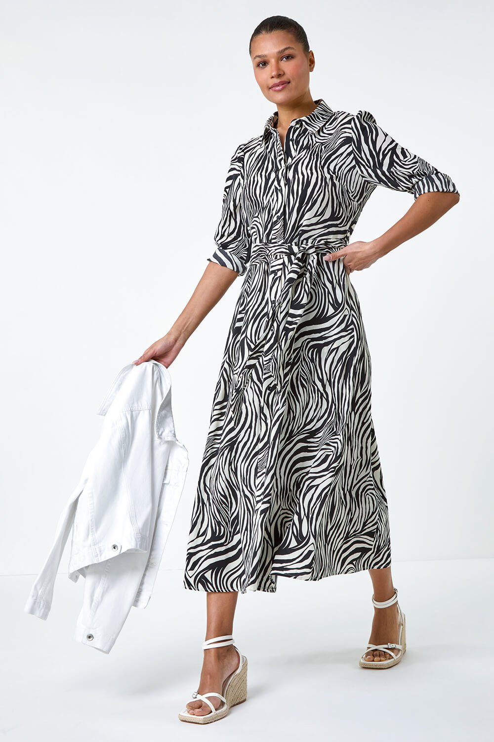 Black Zebra Print Midi Shirt Dress , Image 2 of 5