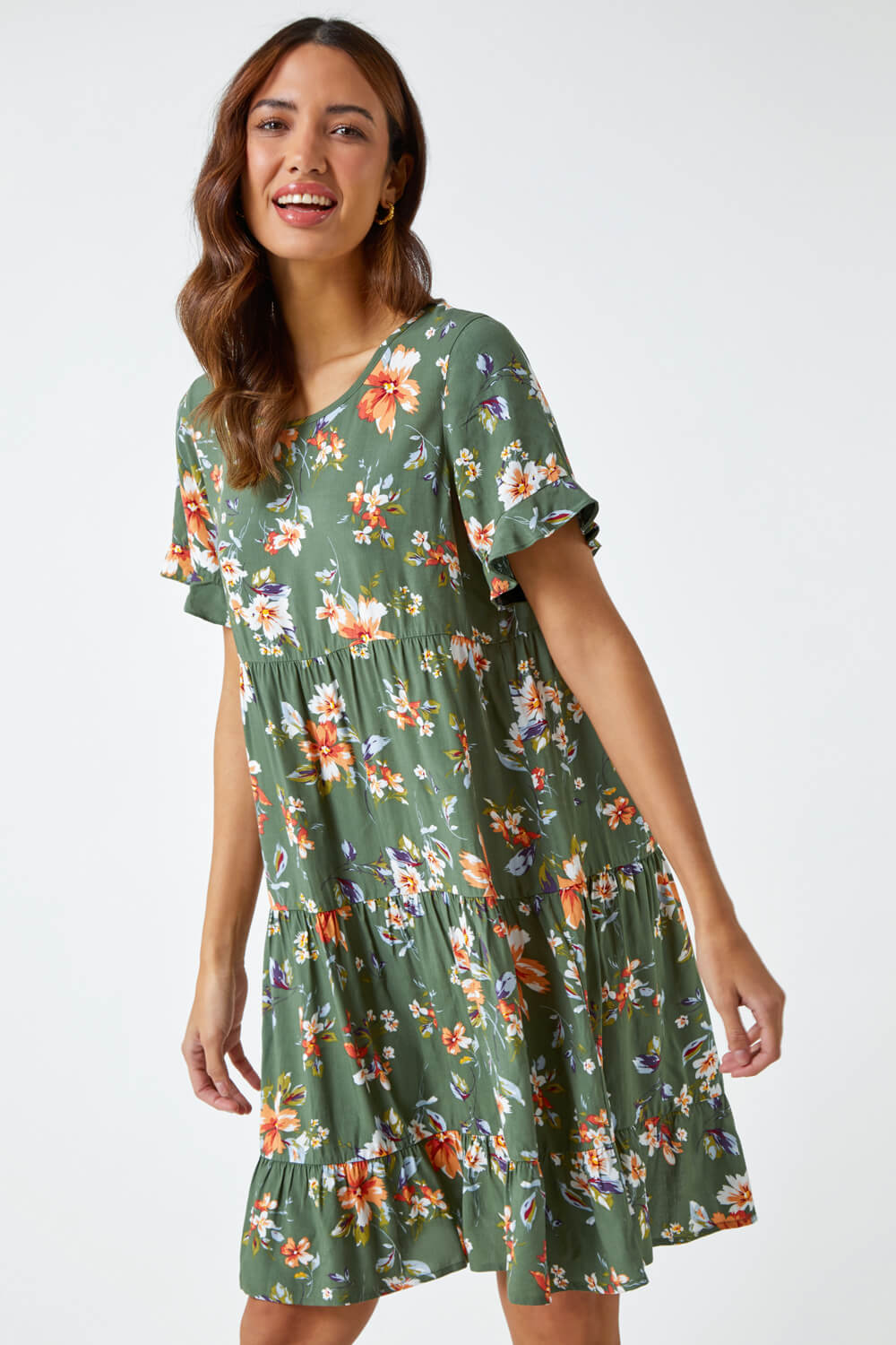 Olive Floral Frill Sleeve Tiered Smock Dress, Image 2 of 5