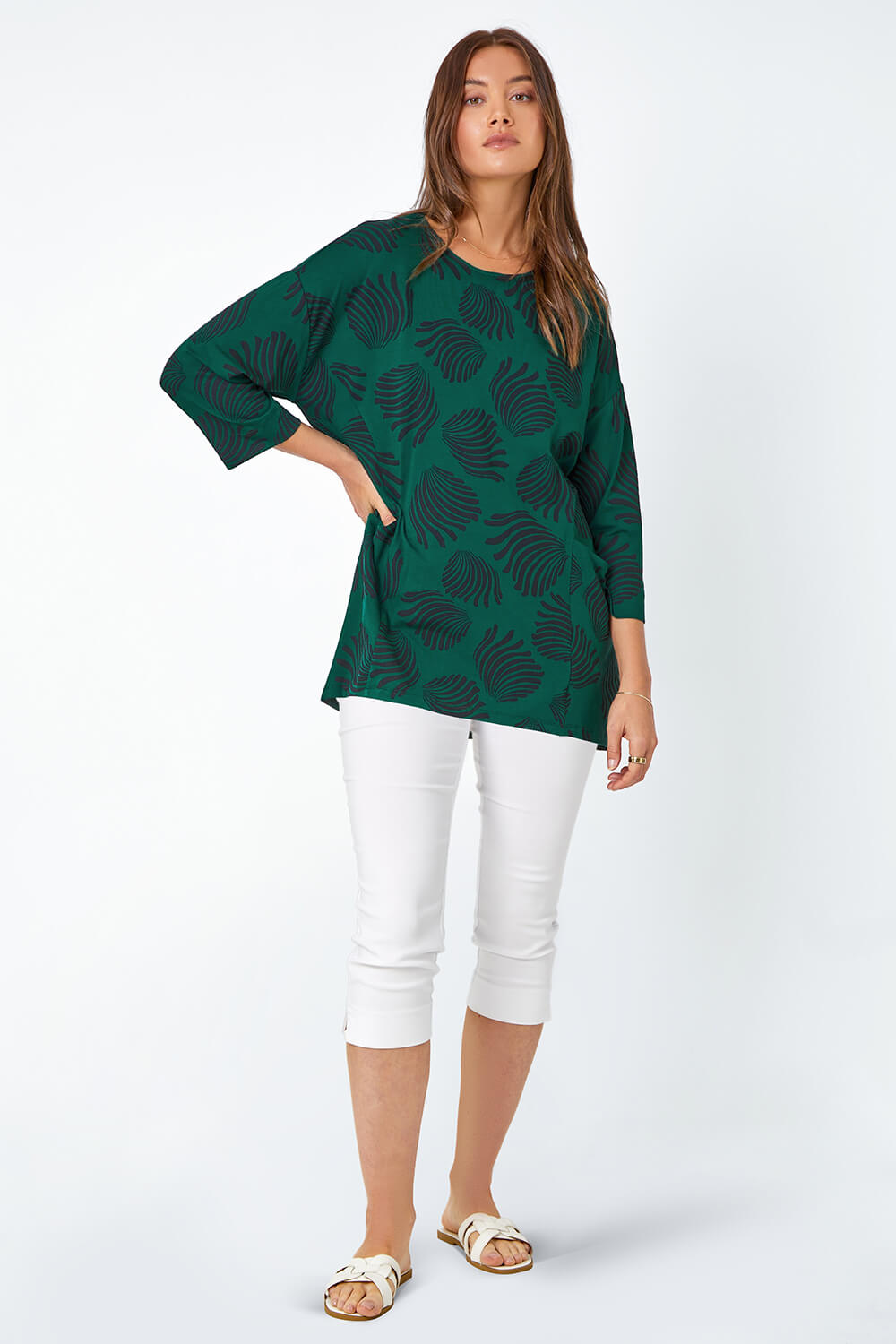 Green Abstract Print Pocket Tunic Stretch Top, Image 2 of 5