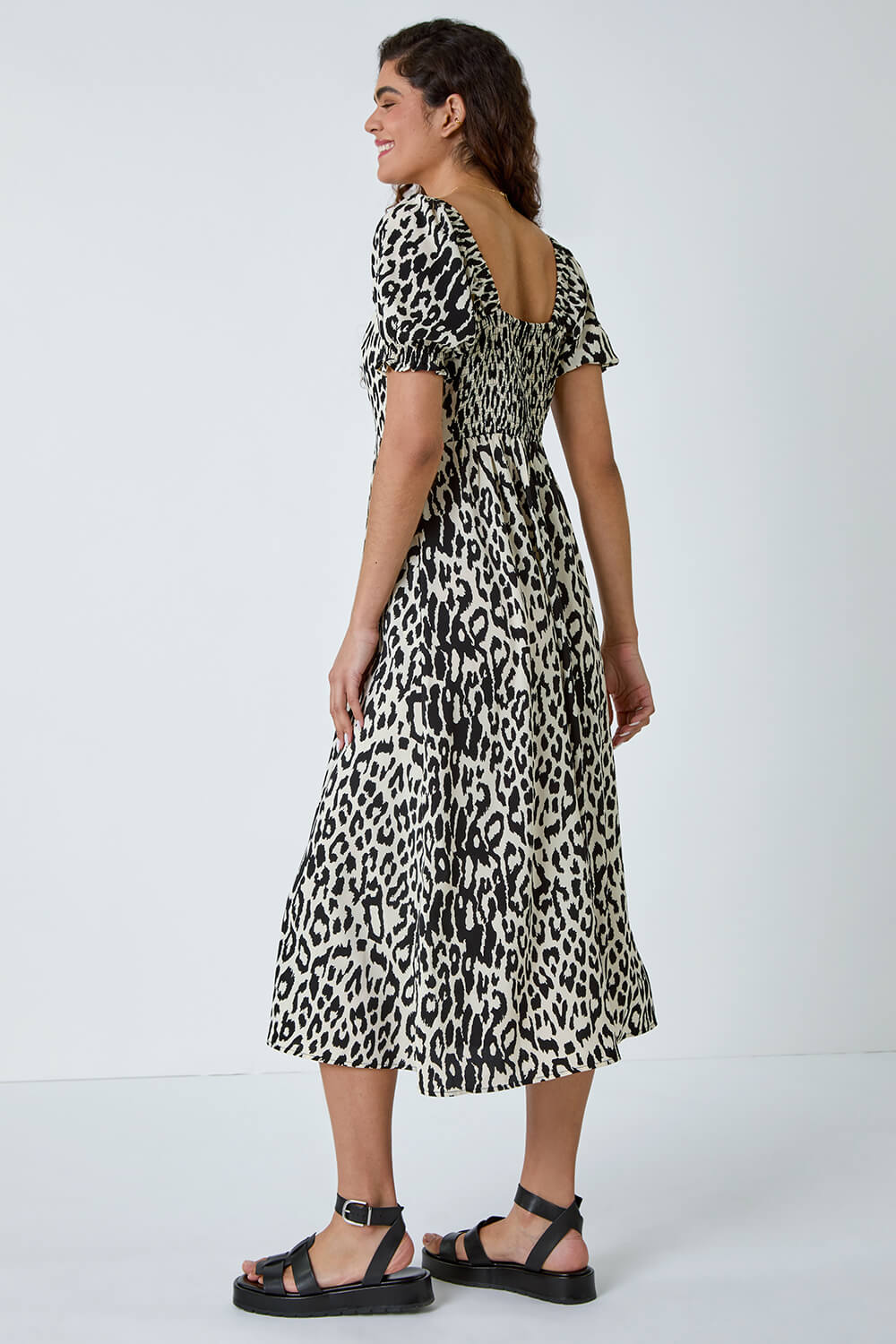 Black Leopard Print Ruched Pocket Midi Dress, Image 3 of 6