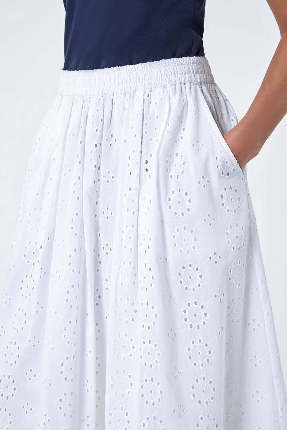 White Petite Cotton Broderie Midi Skirt, Image 5 of 5