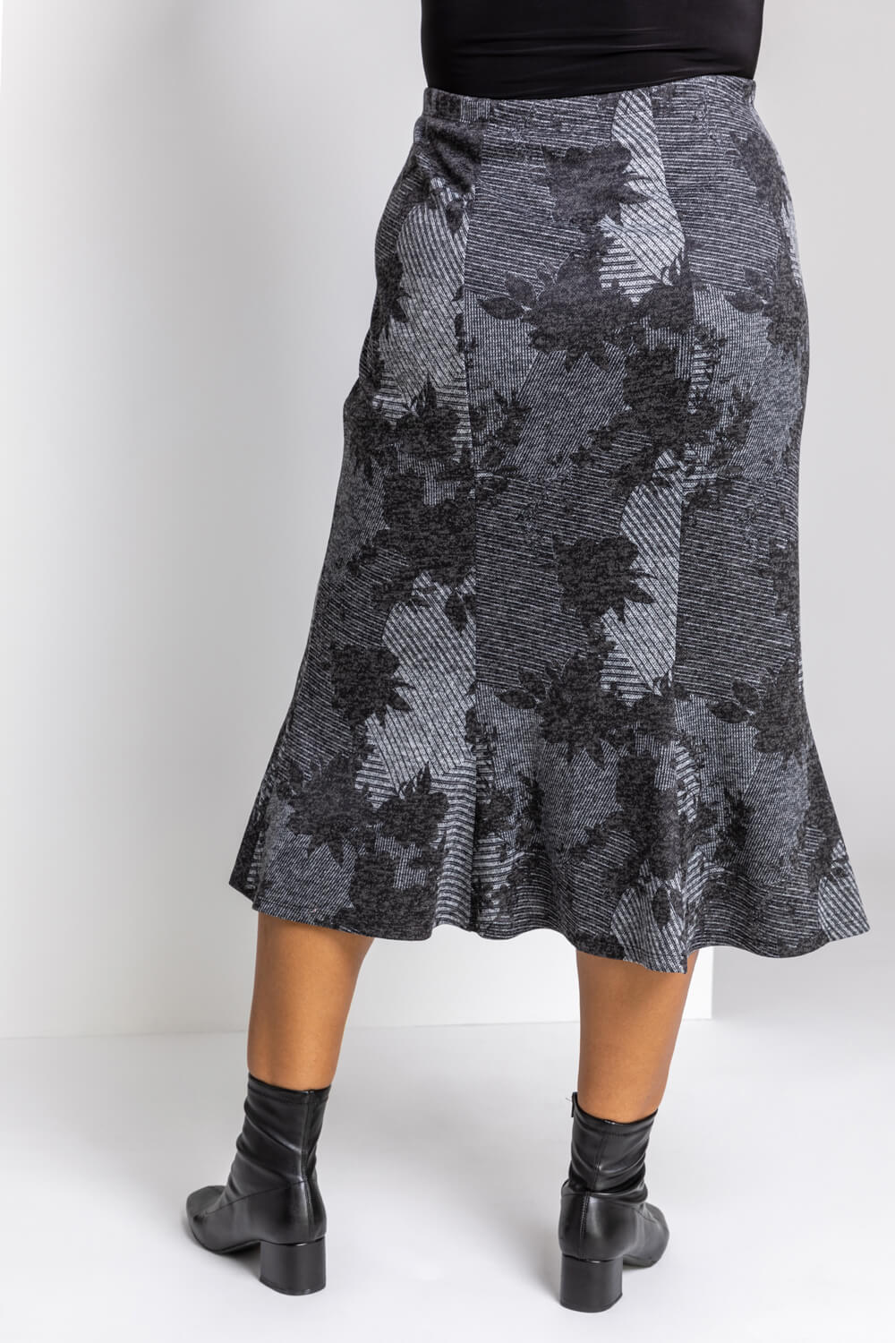 Grey Curve Floral Print Midi Skirt, Image 3 of 4