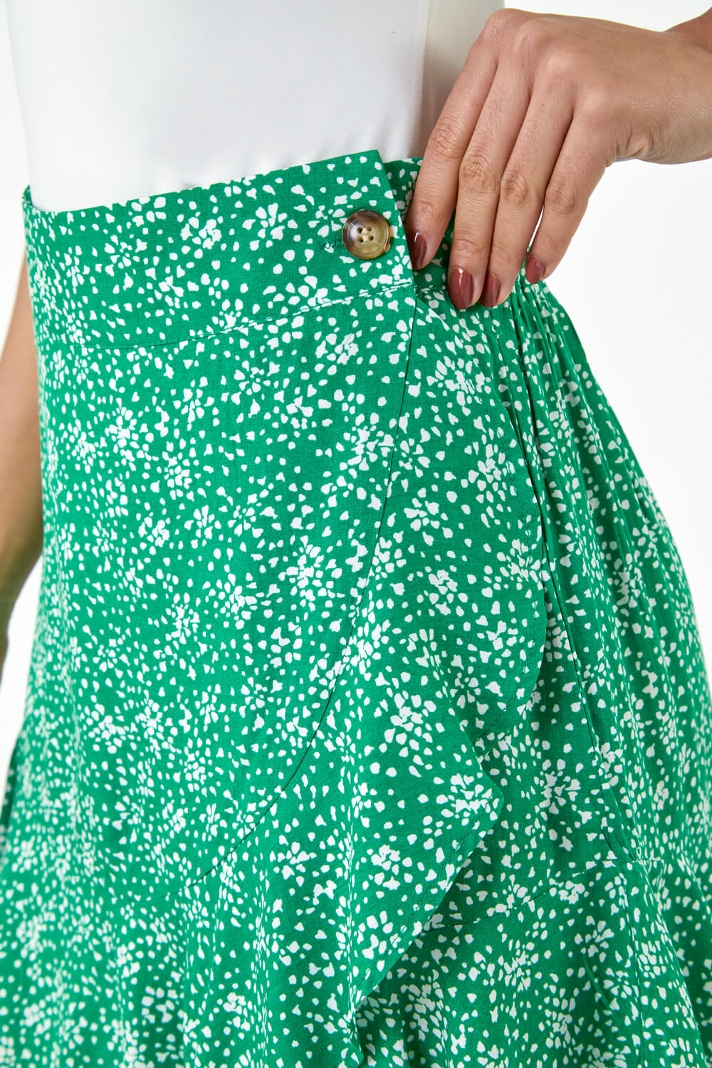 Green Polka Dot Frill Detail Wrap Skirt, Image 4 of 5