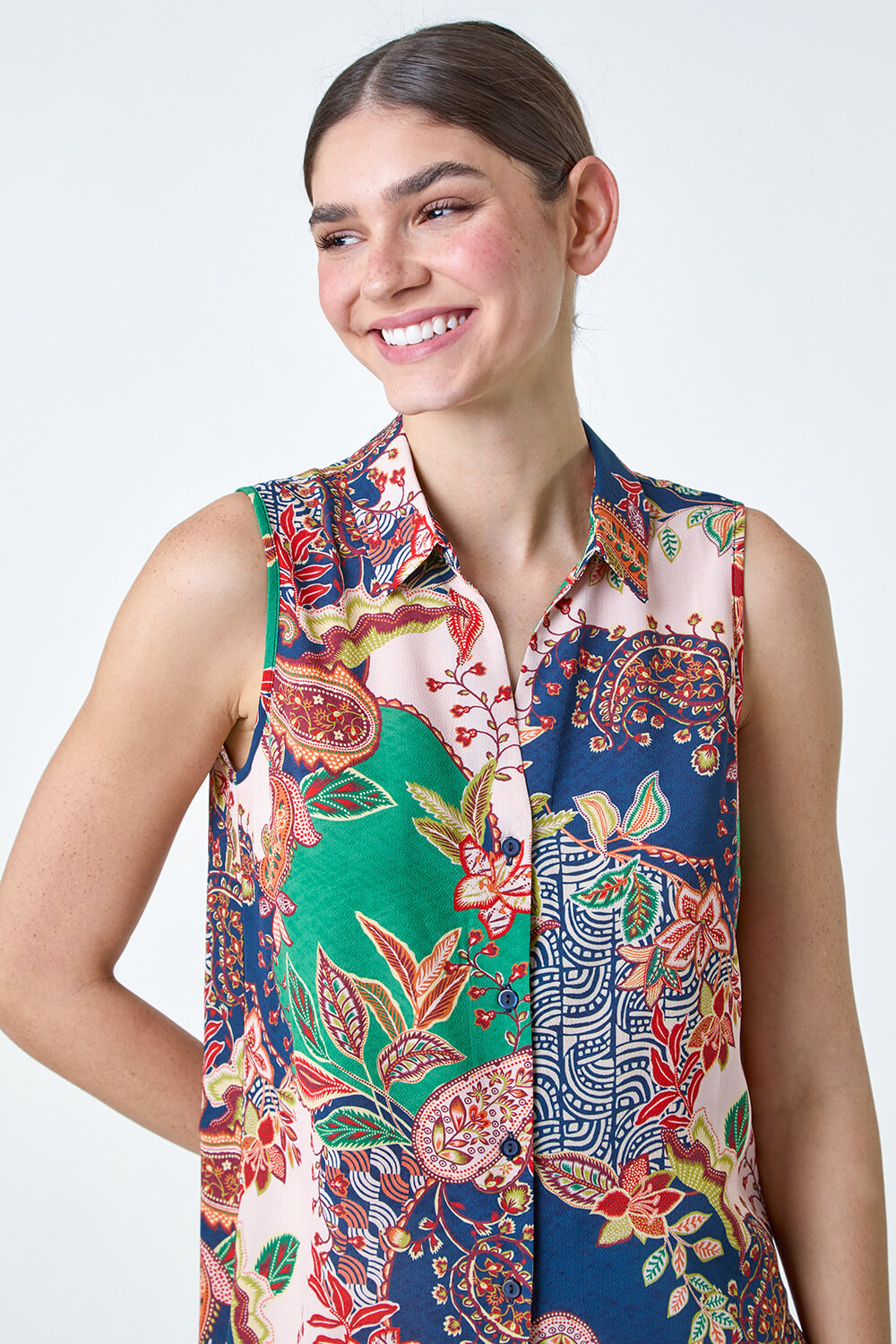 Green Paisley Floral Print Sleeveless Button Blouse, Image 4 of 5
