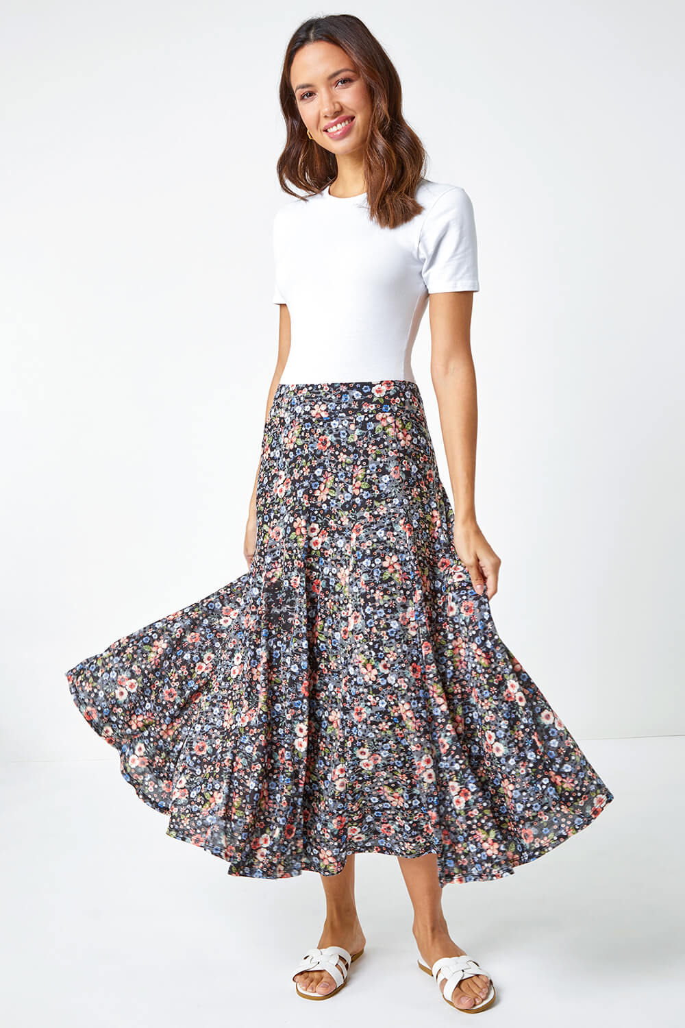 Floral Print Burnout Midi Skirt in Orange - Roman Originals UK