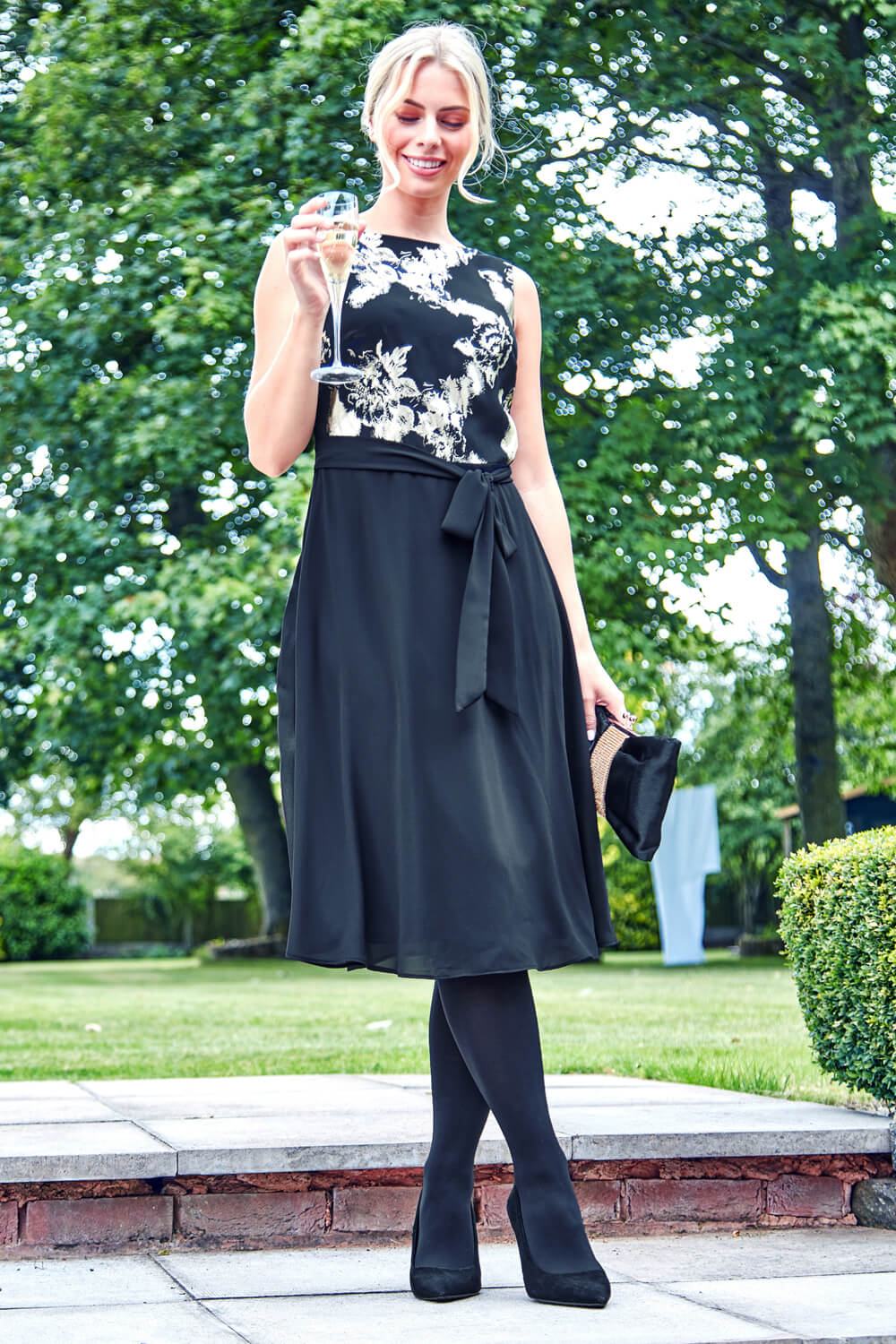 Black Contrast Floral Fit & Flare Dress, Image 5 of 5