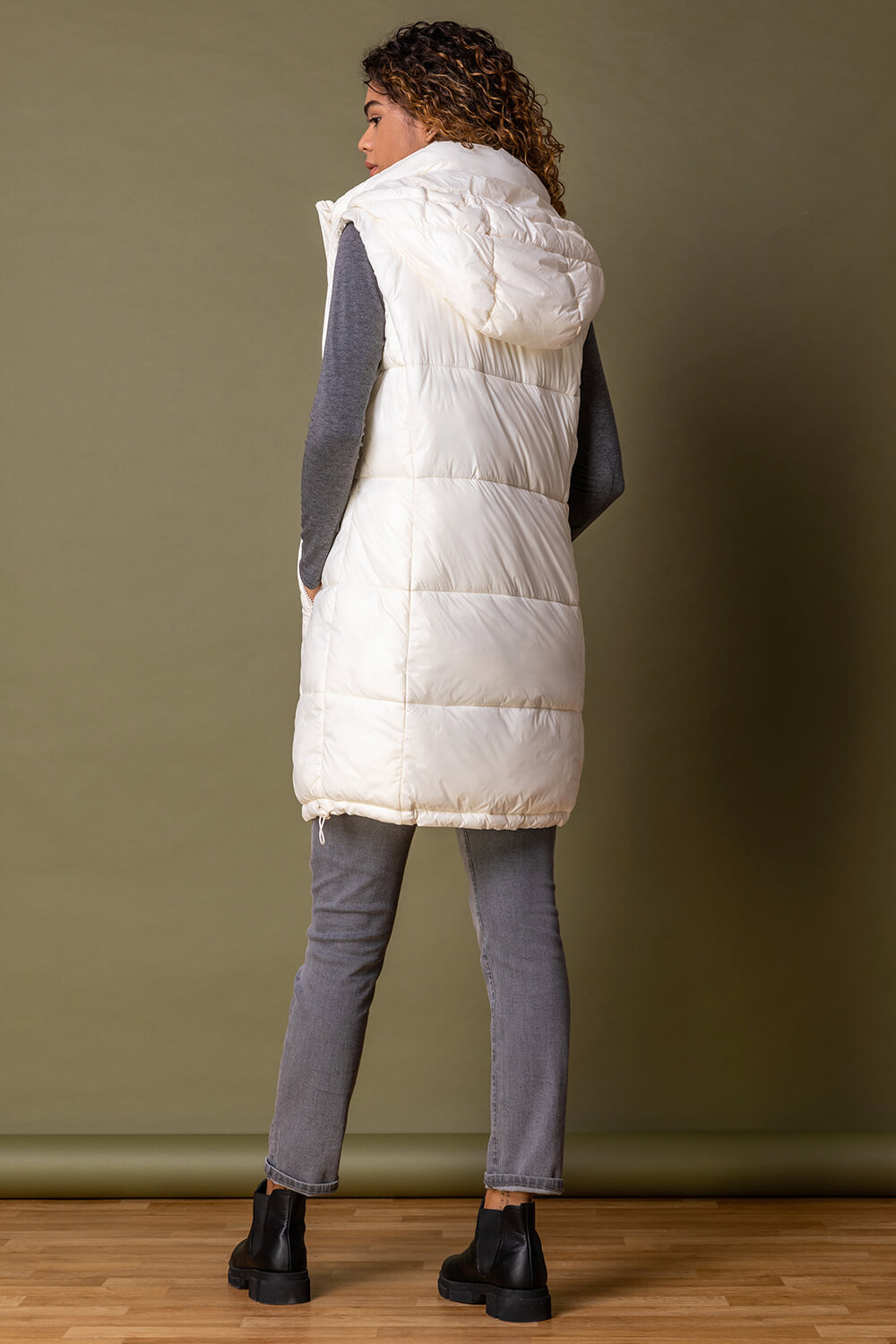 Ivory  Padded Longline Hooded Gilet, Image 2 of 5