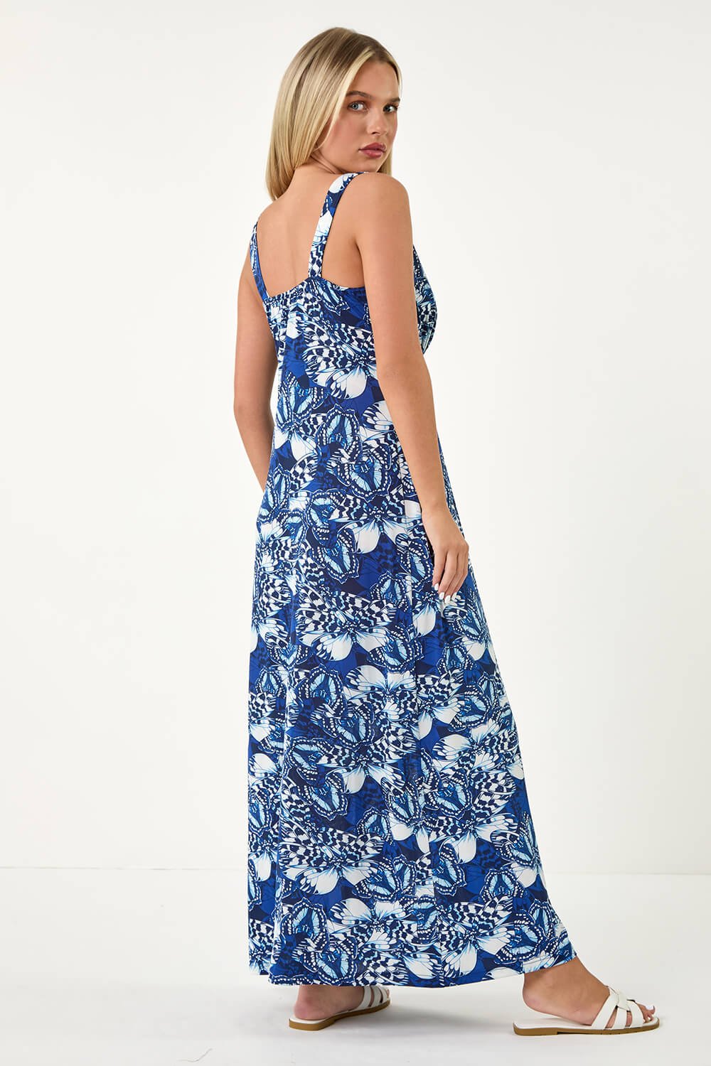 Blue Petite Butterfly Print Stretch Maxi Dress, Image 3 of 5