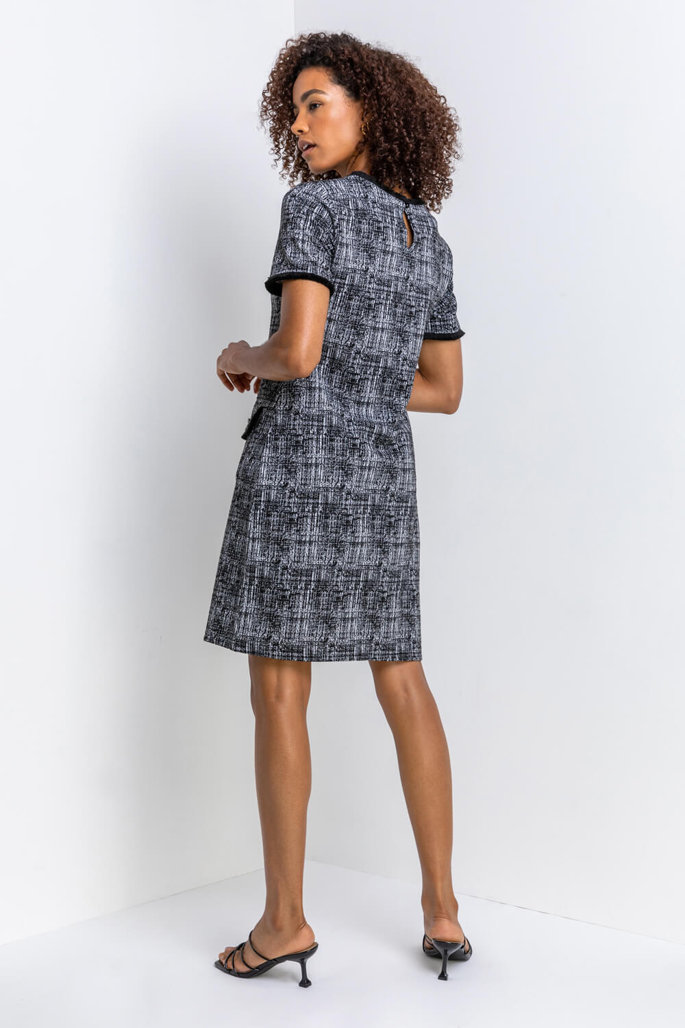 Black Textured Pocket Shift Dress, Image 2 of 4