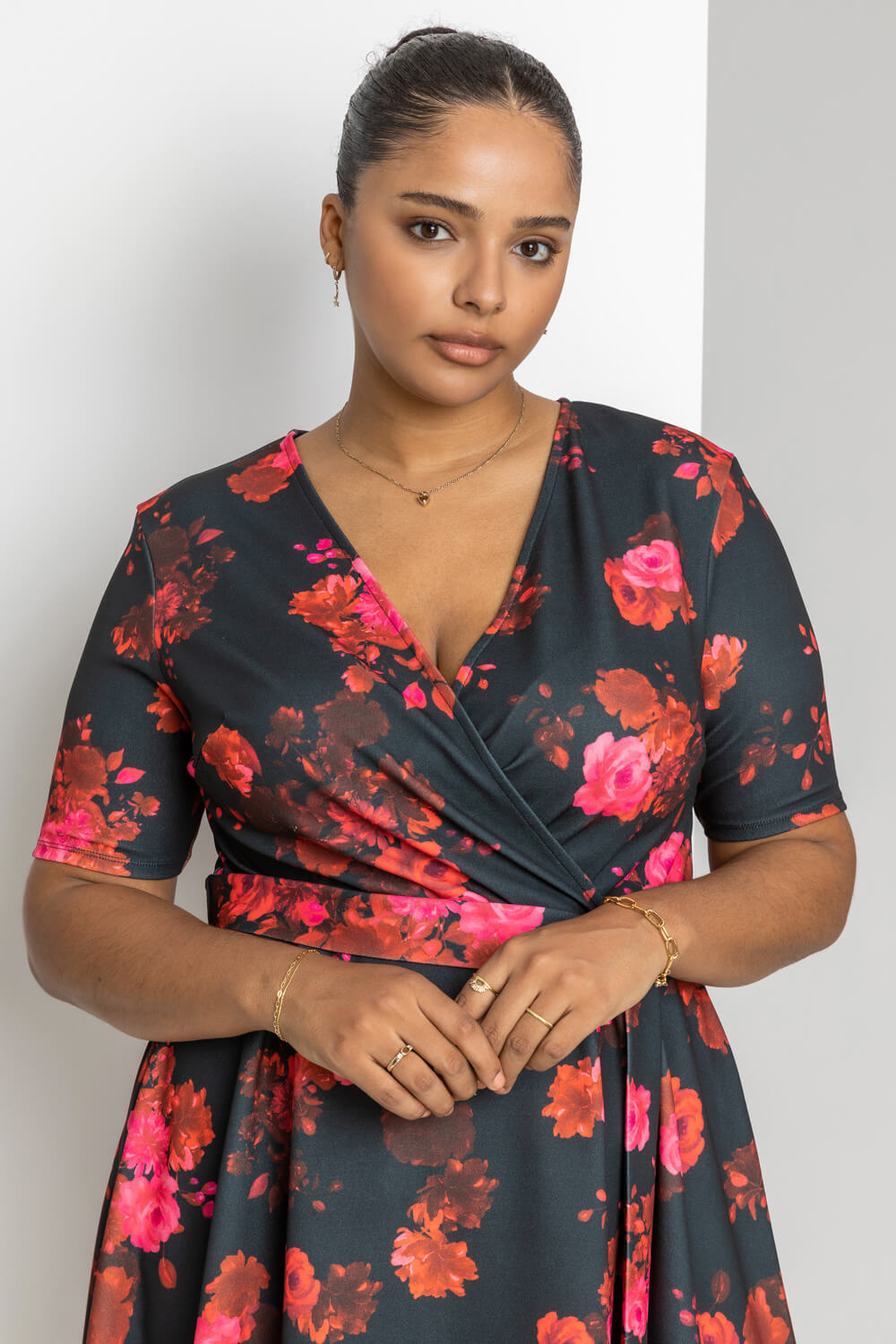 Red Curve Floral Print Wrap Dress, Image 4 of 4