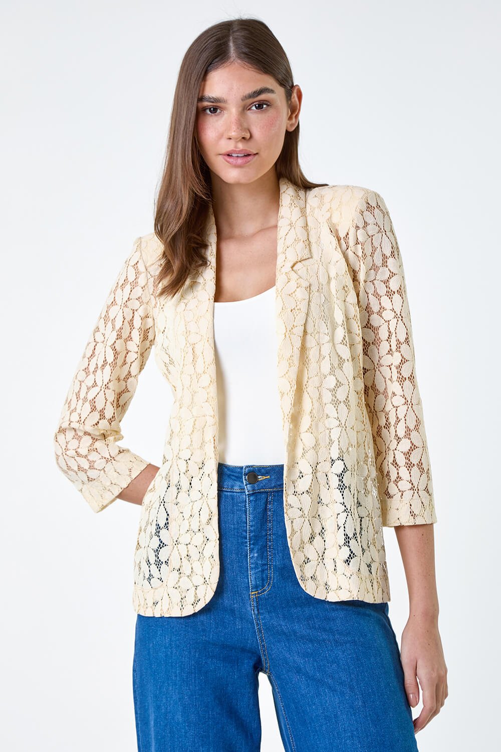 Cream  Floral Lace Blazer Jacket, Image 4 of 5