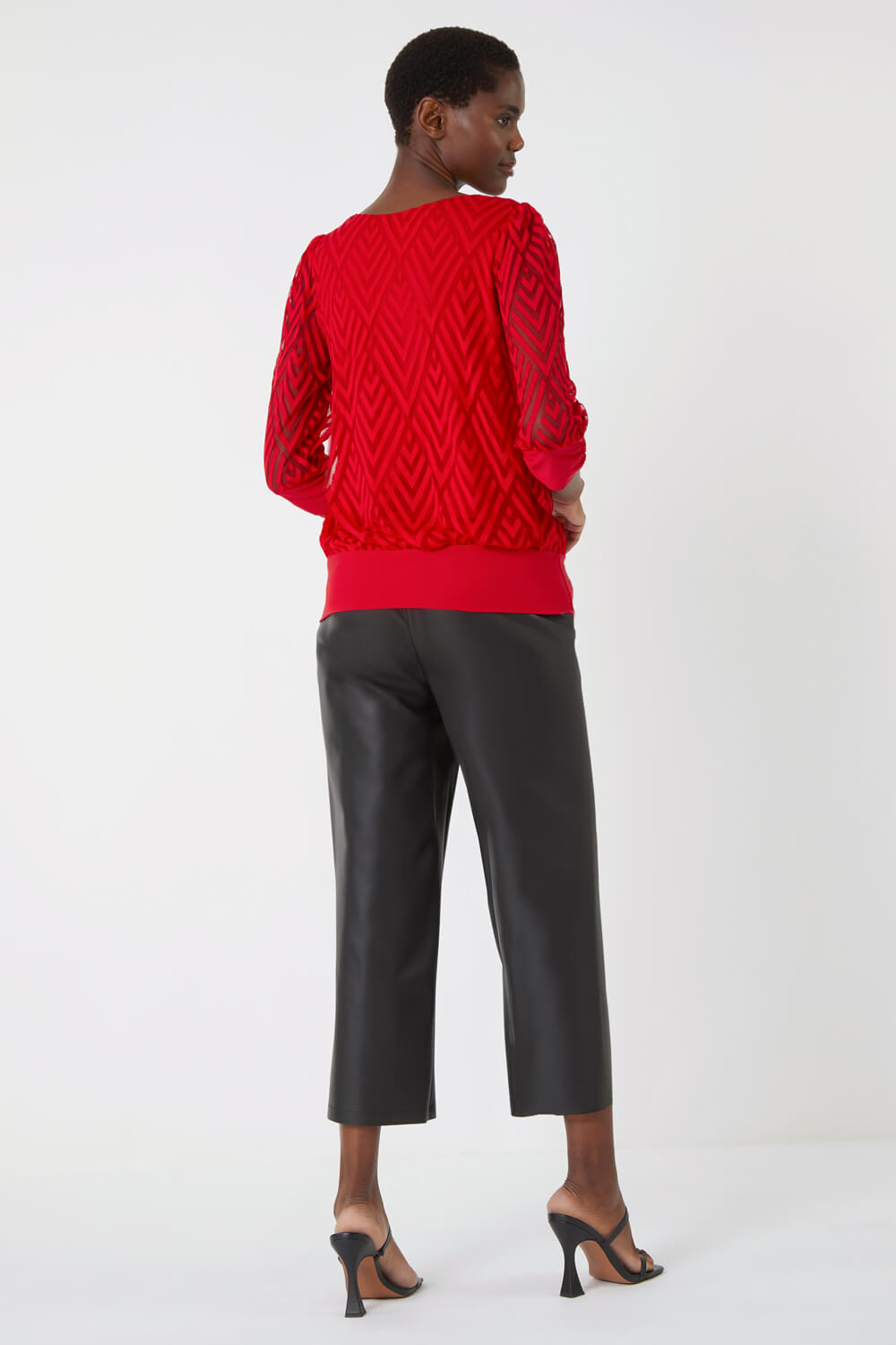 Red Chevron Twist Front Blouson Stretch Top, Image 3 of 5