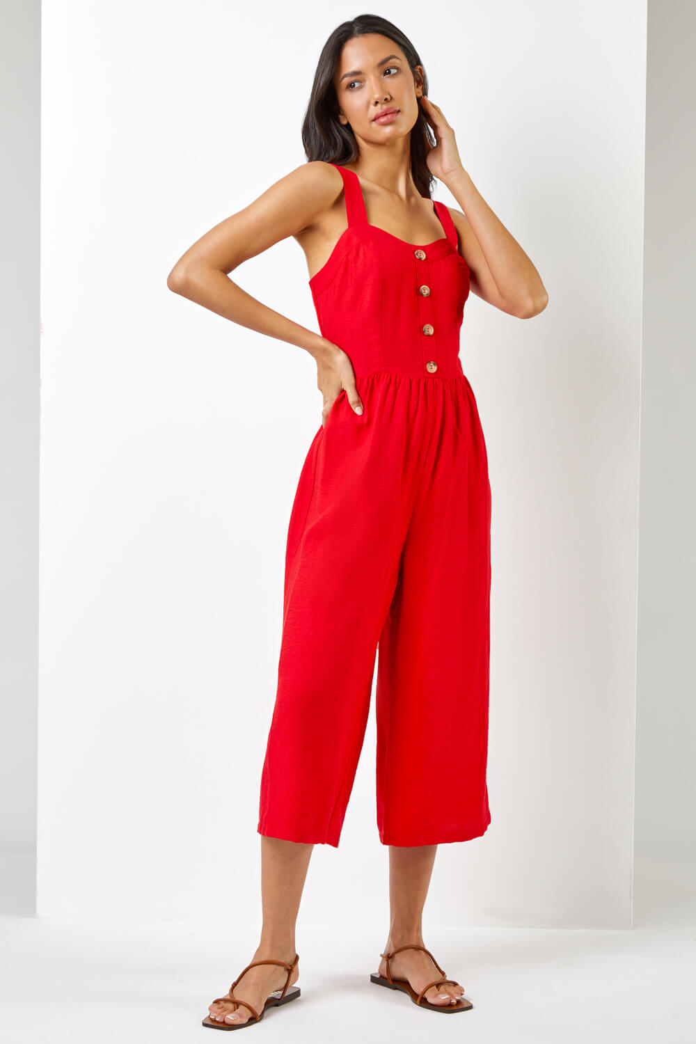 Red Wide Leg Culotte Jumpsuit, Image 3 of 5