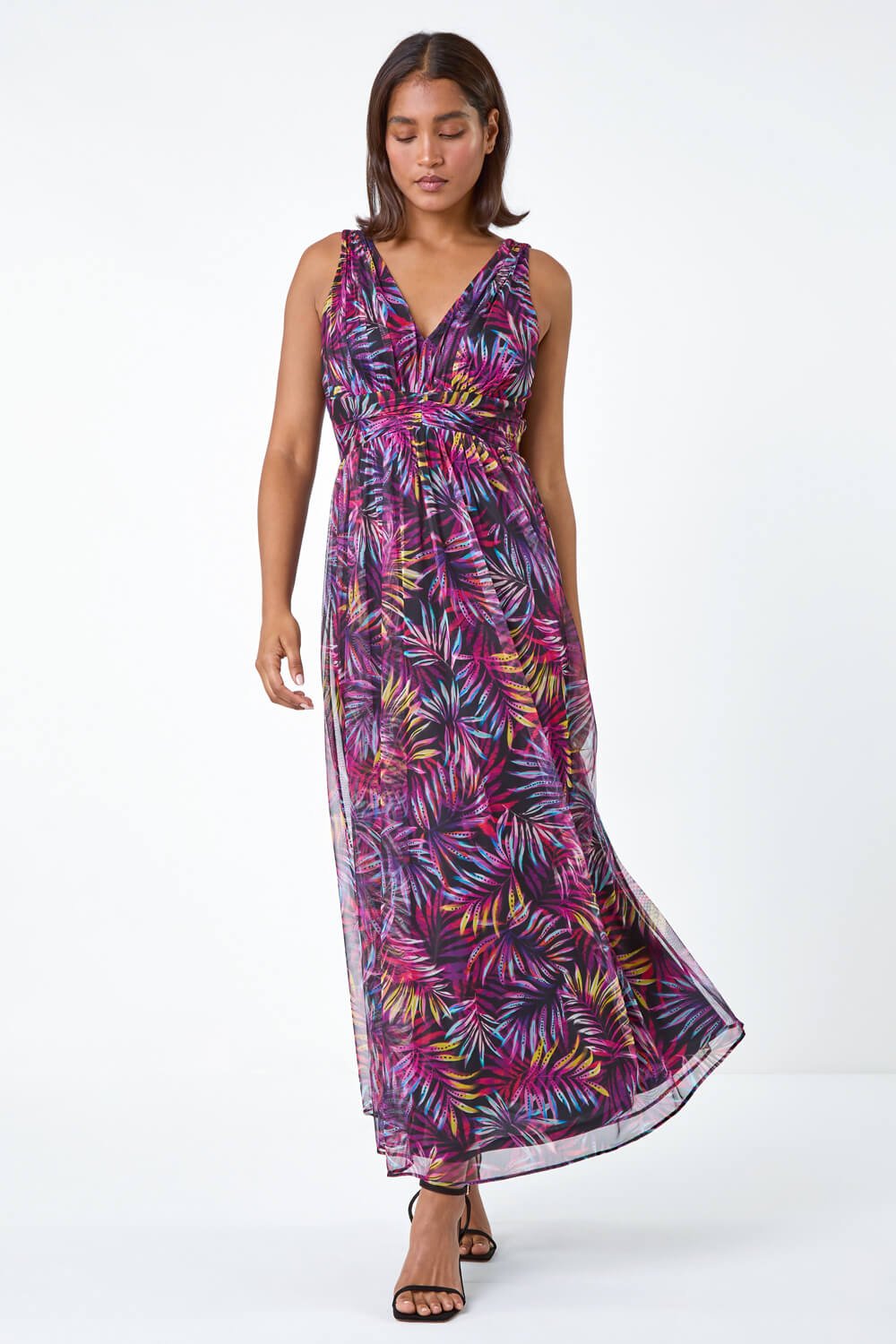 Purple Palm Print Mesh Overlay Maxi Dress, Image 2 of 5