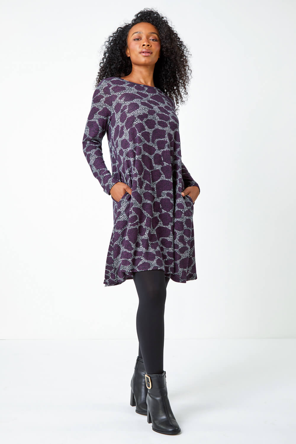 Purple Petite Leopard Print Swing Stretch Dress, Image 2 of 5