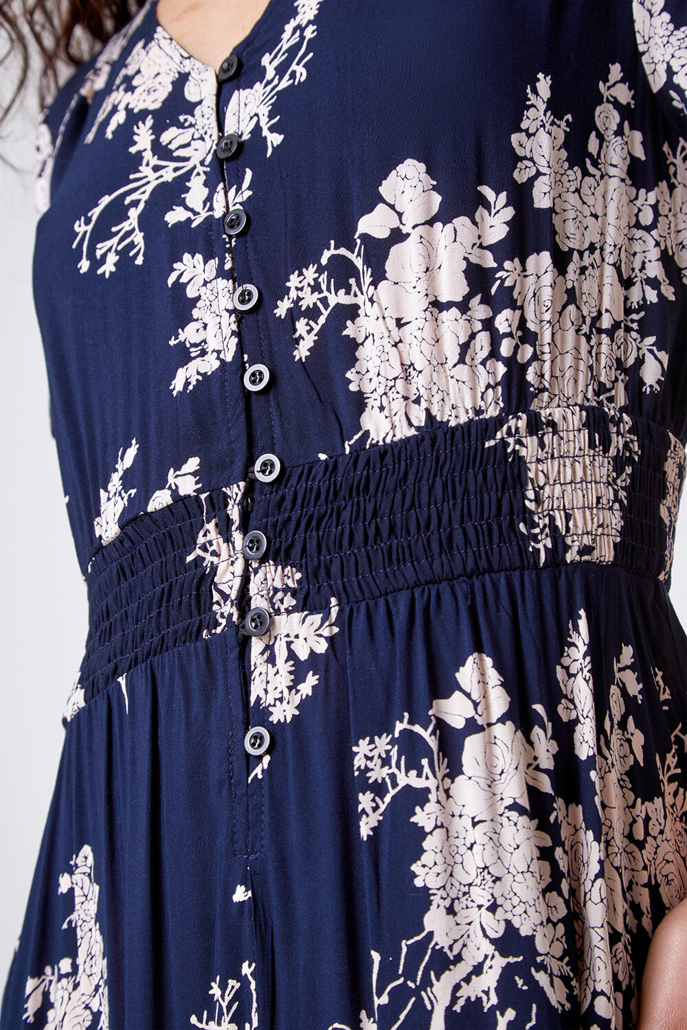Navy  Floral Print Shirred Waist Maxi Dress, Image 5 of 5