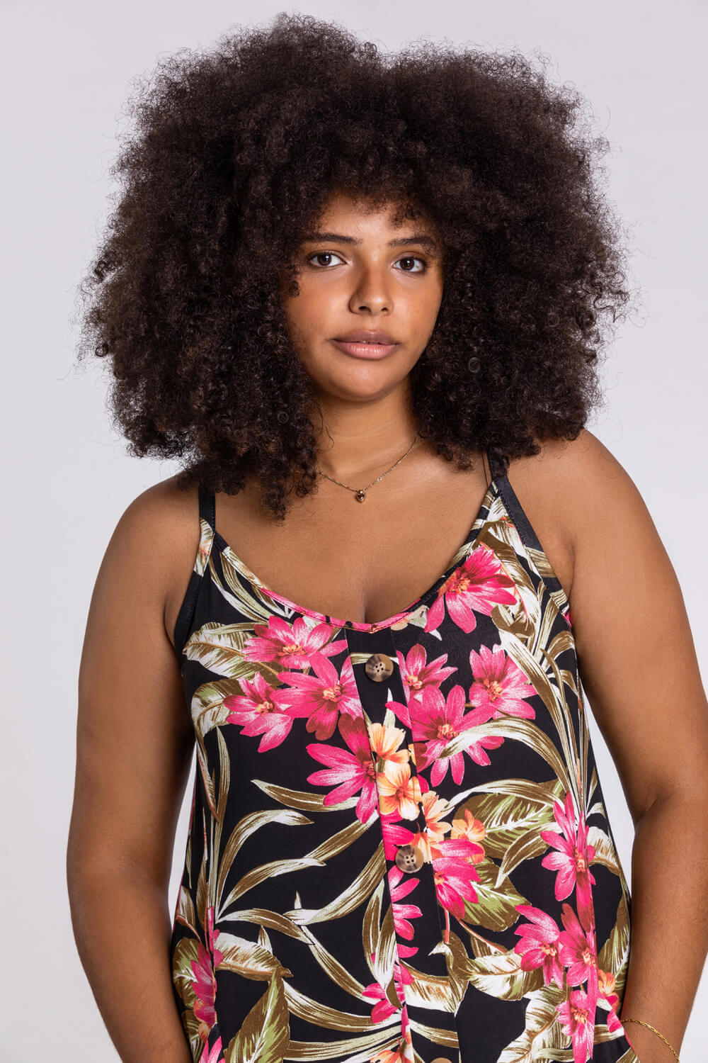 PINK Curve Tropical Print Button Detail Dress, Image 5 of 5