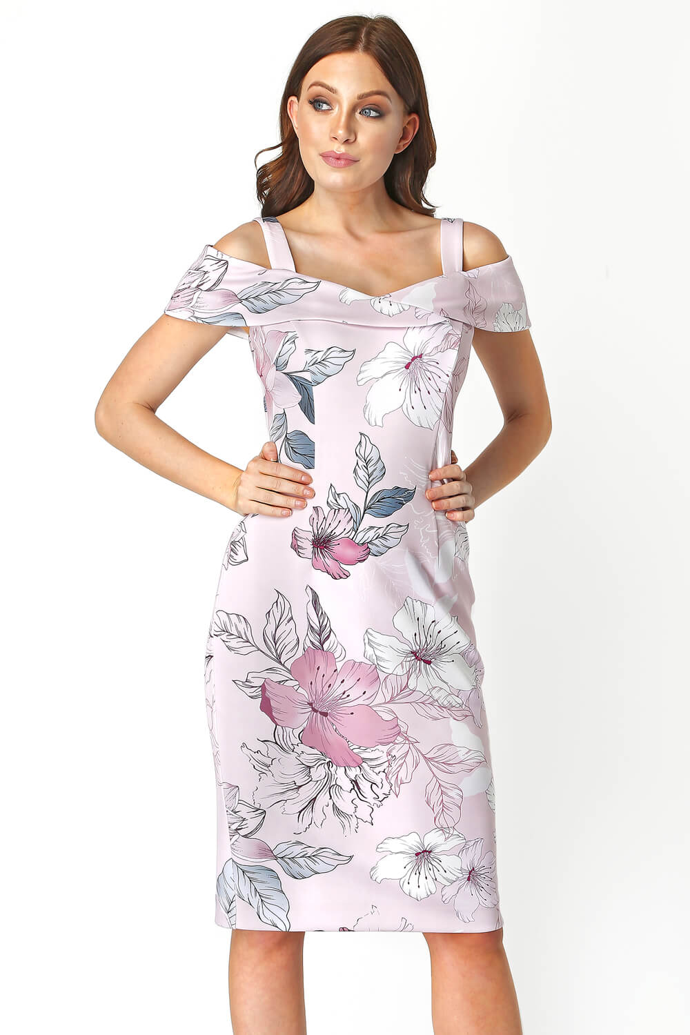 Light Pink Floral Print Cold Shoulder Dress, Image 2 of 5
