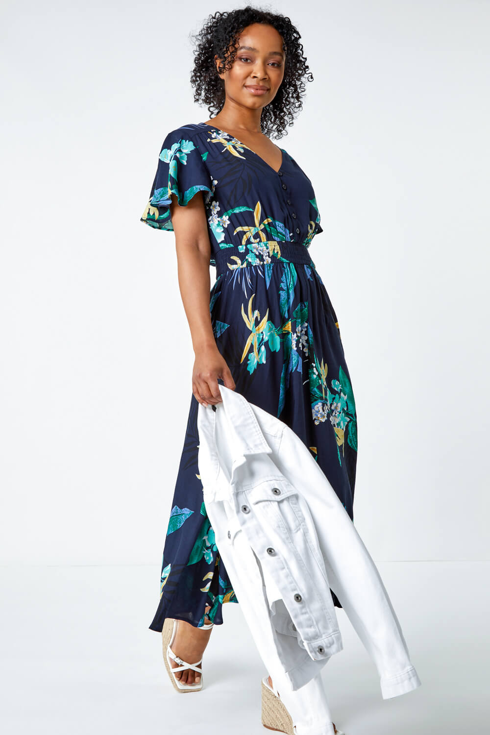 Navy Petite Floral Shirred Midi Dress | Roman UK