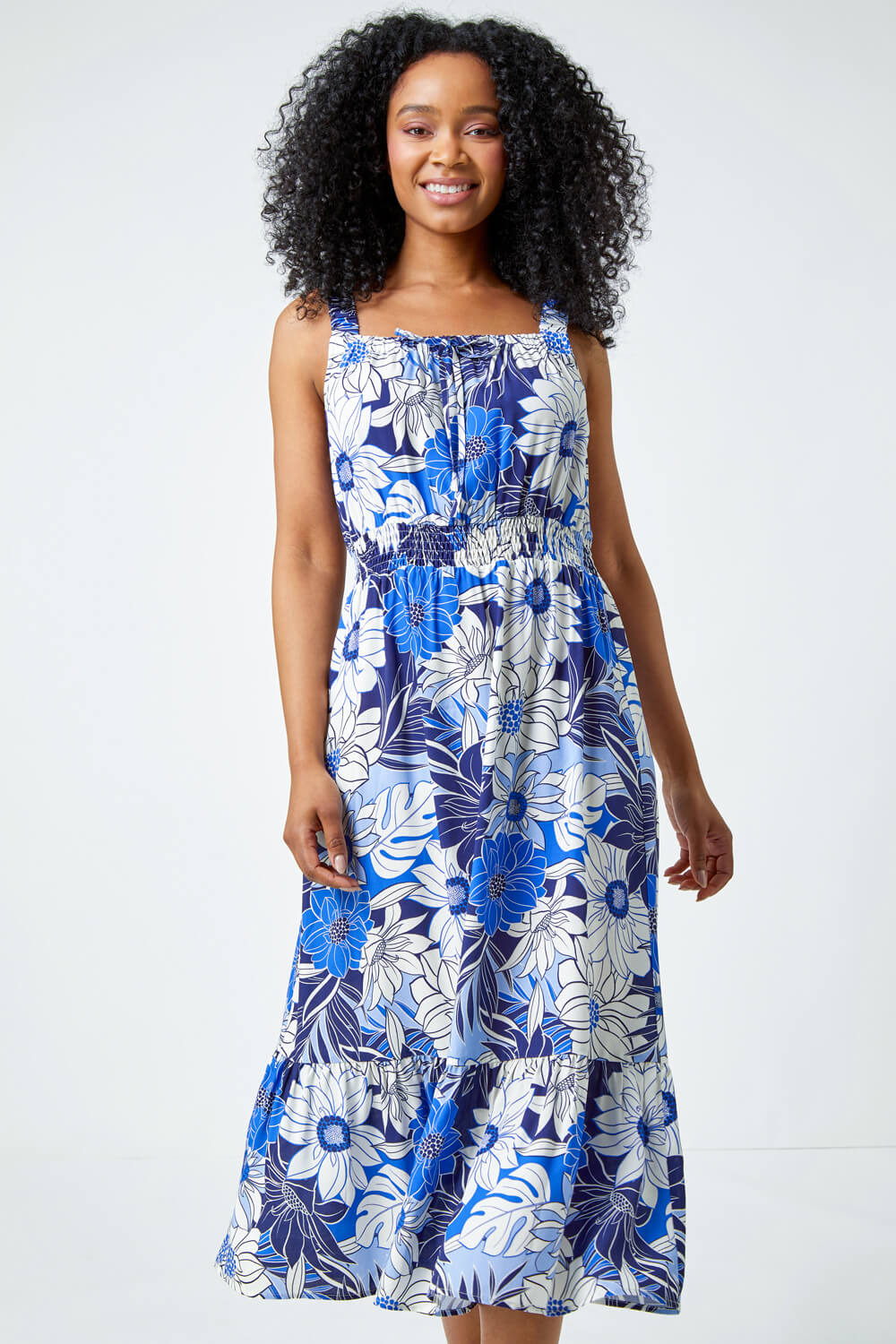 Blue Petite Floral Print Tiered Sundress, Image 4 of 5