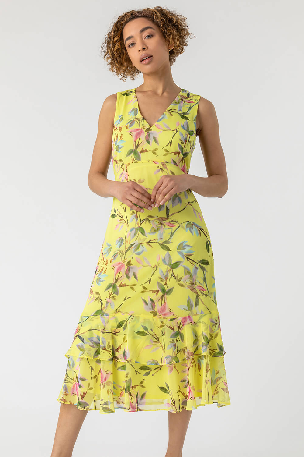 Yellow Floral Print Frill Hem Dress, Image 3 of 5