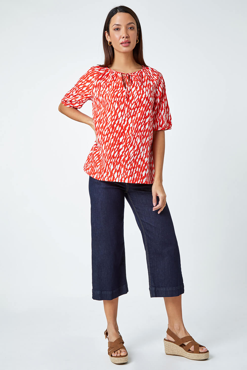 Red Abstract Print Tie Front Stretch Top, Image 2 of 5