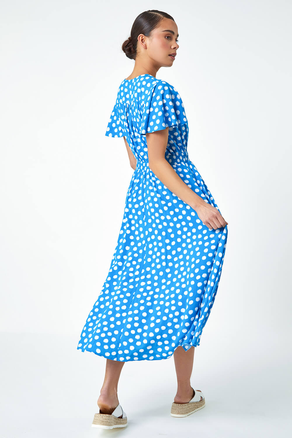 Light Blue  Petite Polka Dot Midi Dress, Image 3 of 5