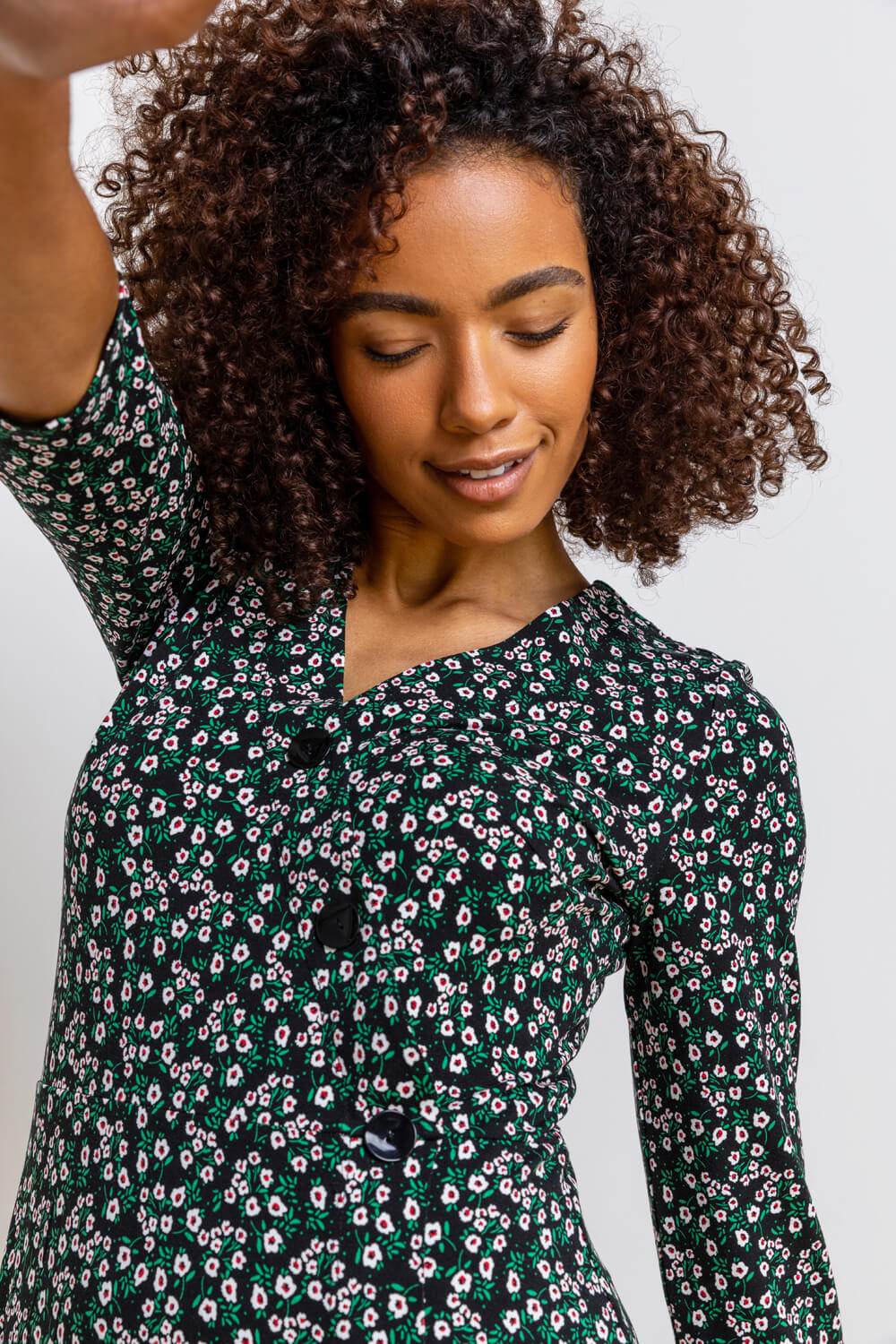 Green Ditsy Floral Print Wrap Dress, Image 4 of 5