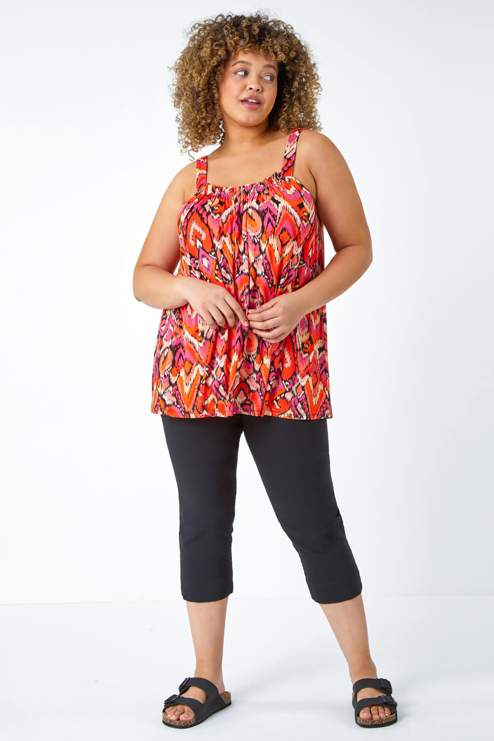 ORANGE Curve Aztec Print Ruched Stretch Top, Image 2 of 5
