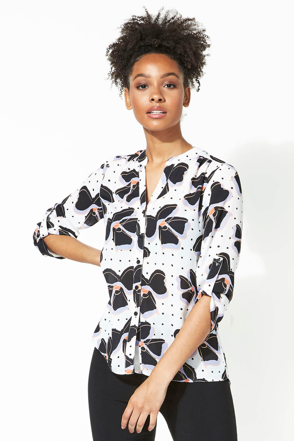 Ivory  Contrast Spot Floral 3/4 Sleeve Shirt, Image 2 of 5