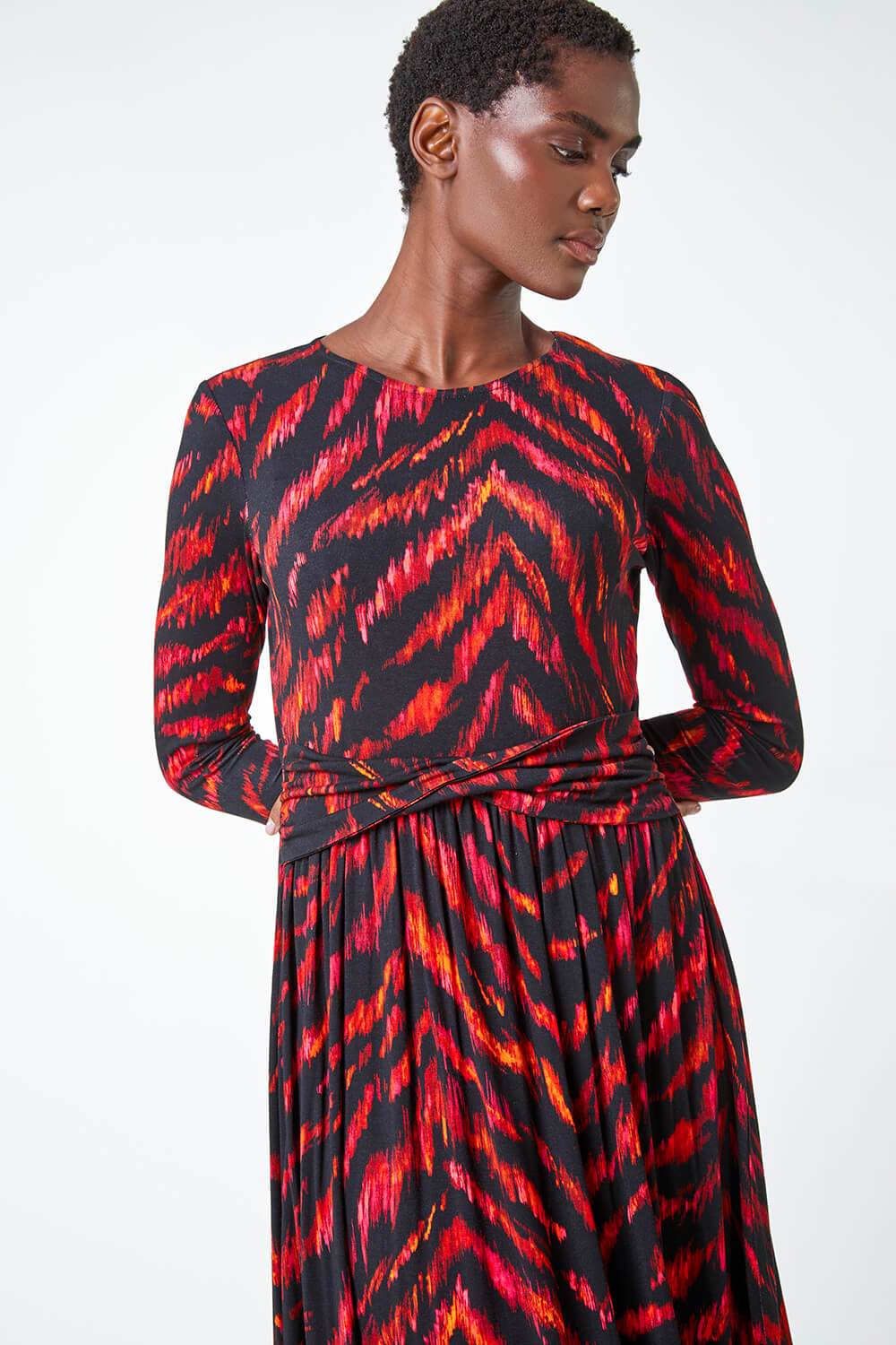 PINK Tiger Print Twist Waist Midi Stretch Dress, Image 4 of 5