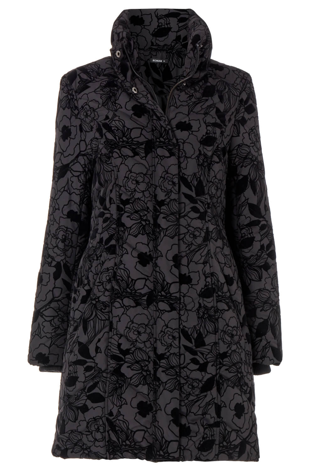 Black Longline Flocked Padded Coat, Image 5 of 5