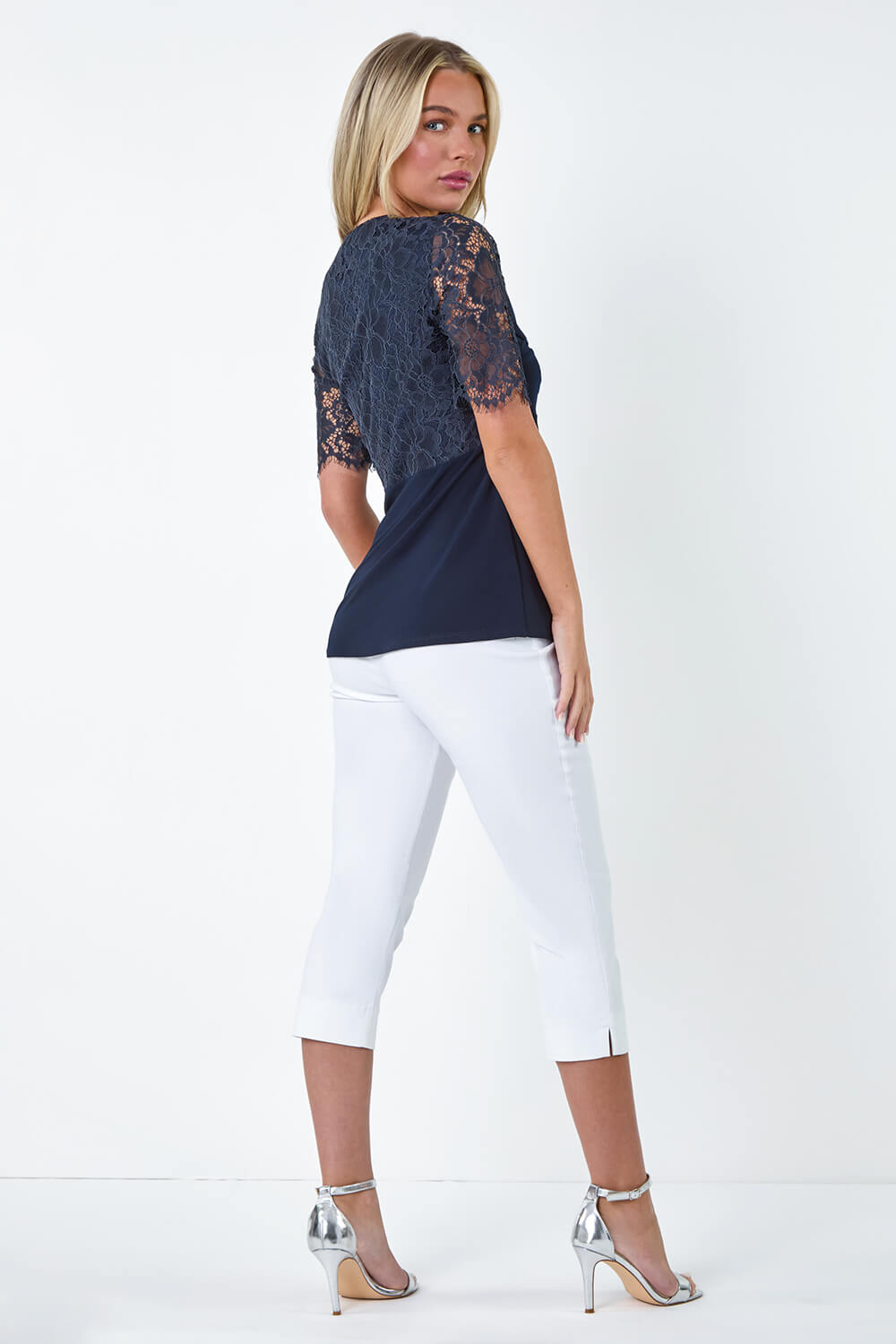 Navy  Petite Lace Twist Front Stretch Top, Image 3 of 6