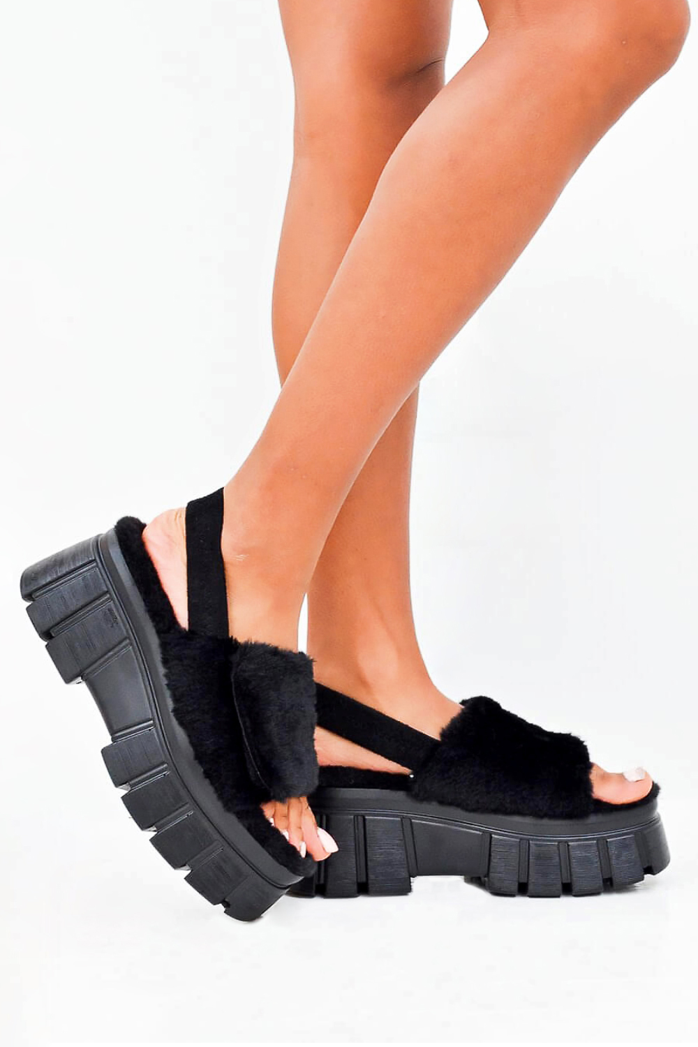 Chunky Faux Fur Strap Platform Sandals