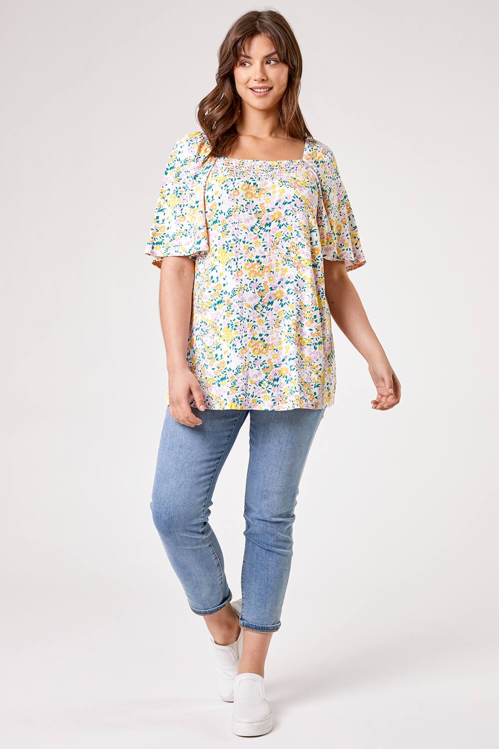 Ivory  Curve Ditsy Floral Print Longline Top, Image 3 of 5