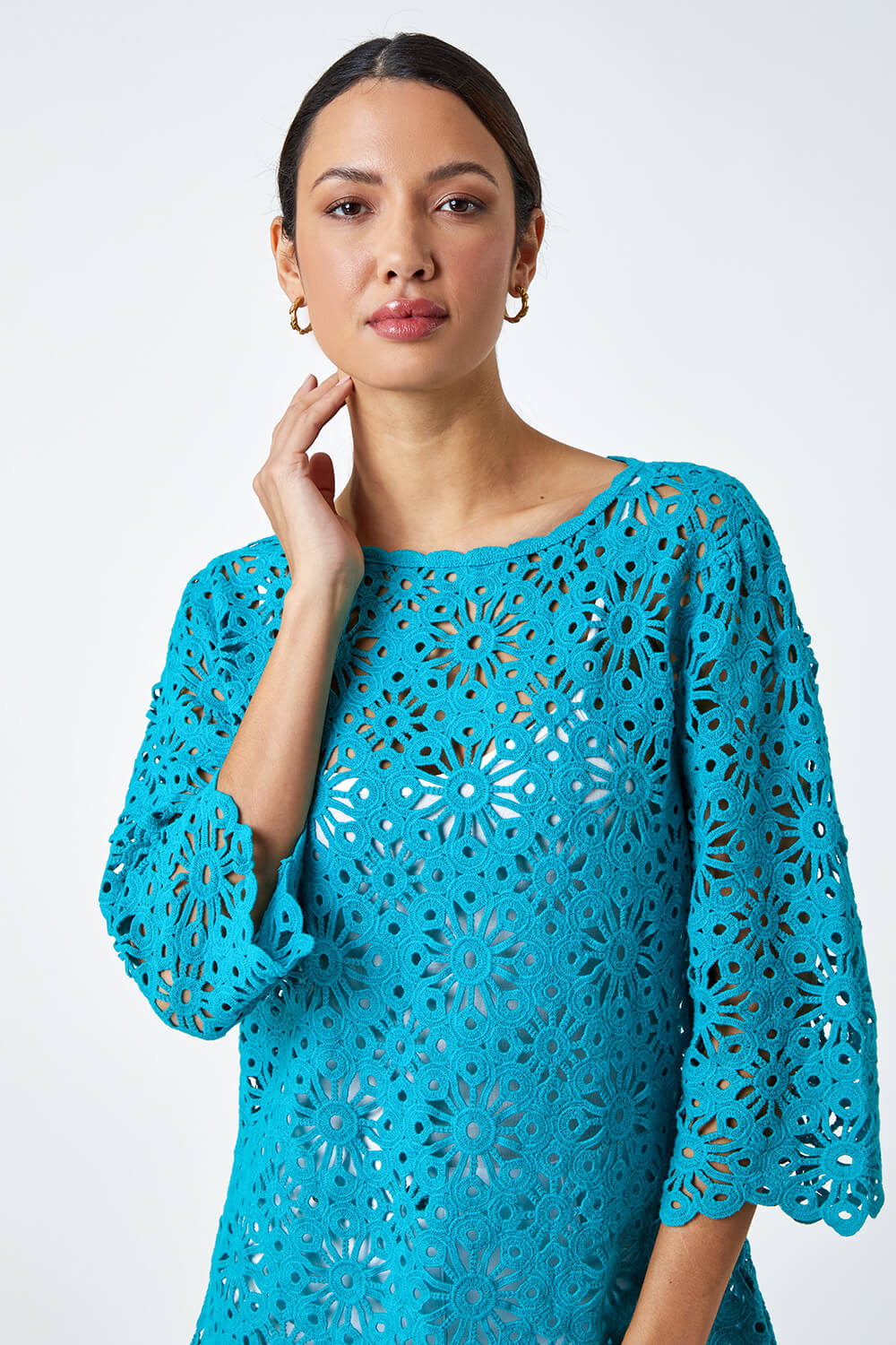 Turquoise Floral Cotton Crochet Top, Image 4 of 5