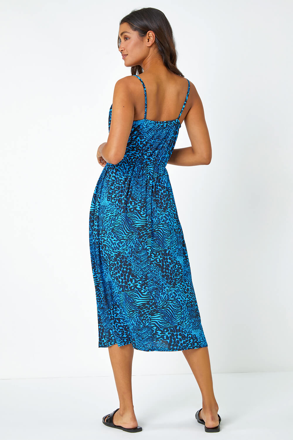 Blue Sleeveless Animal Print Midi Stretch Dress, Image 3 of 5