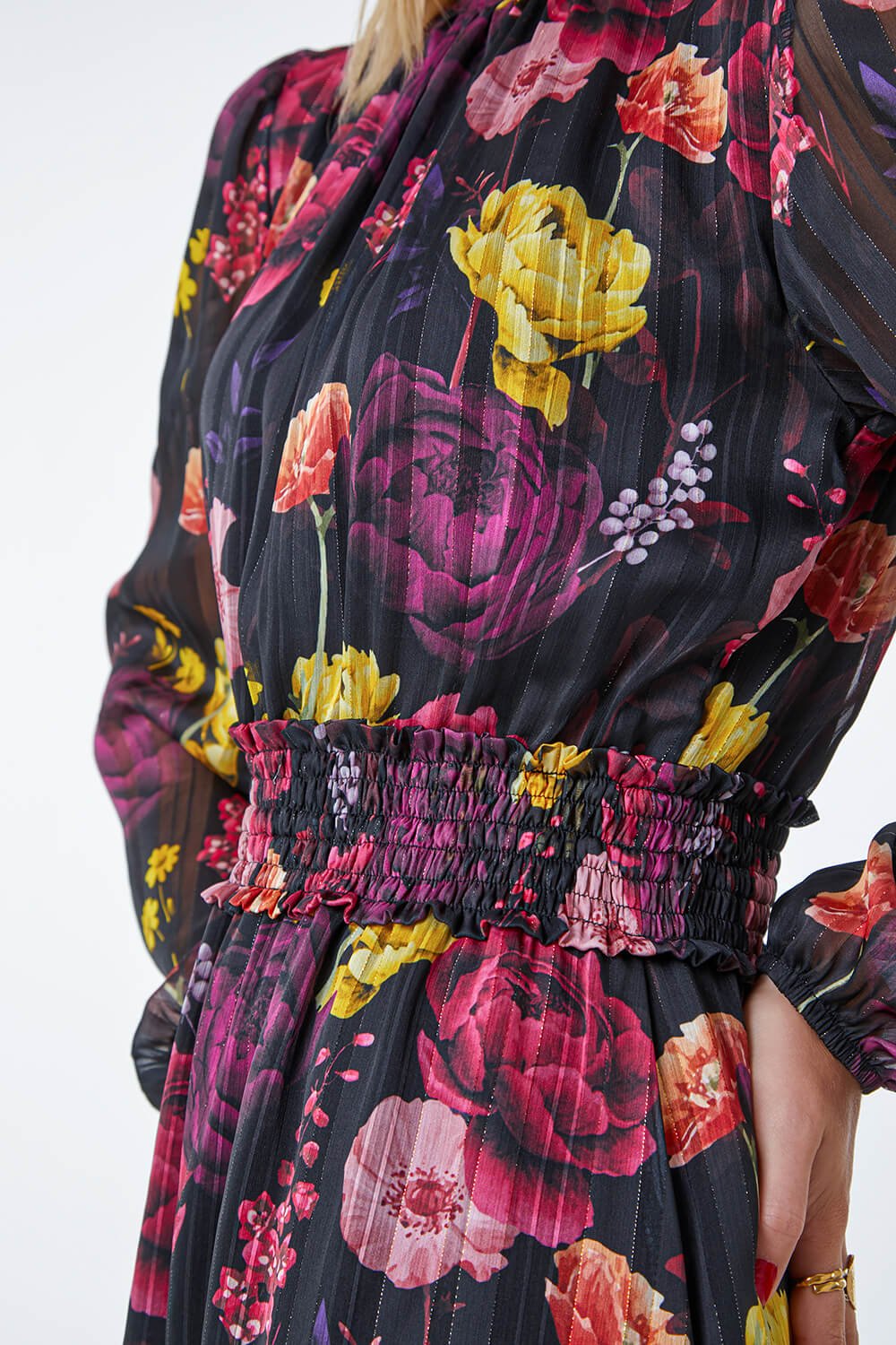 Black Floral Print Shirred Midi Dress, Image 5 of 5
