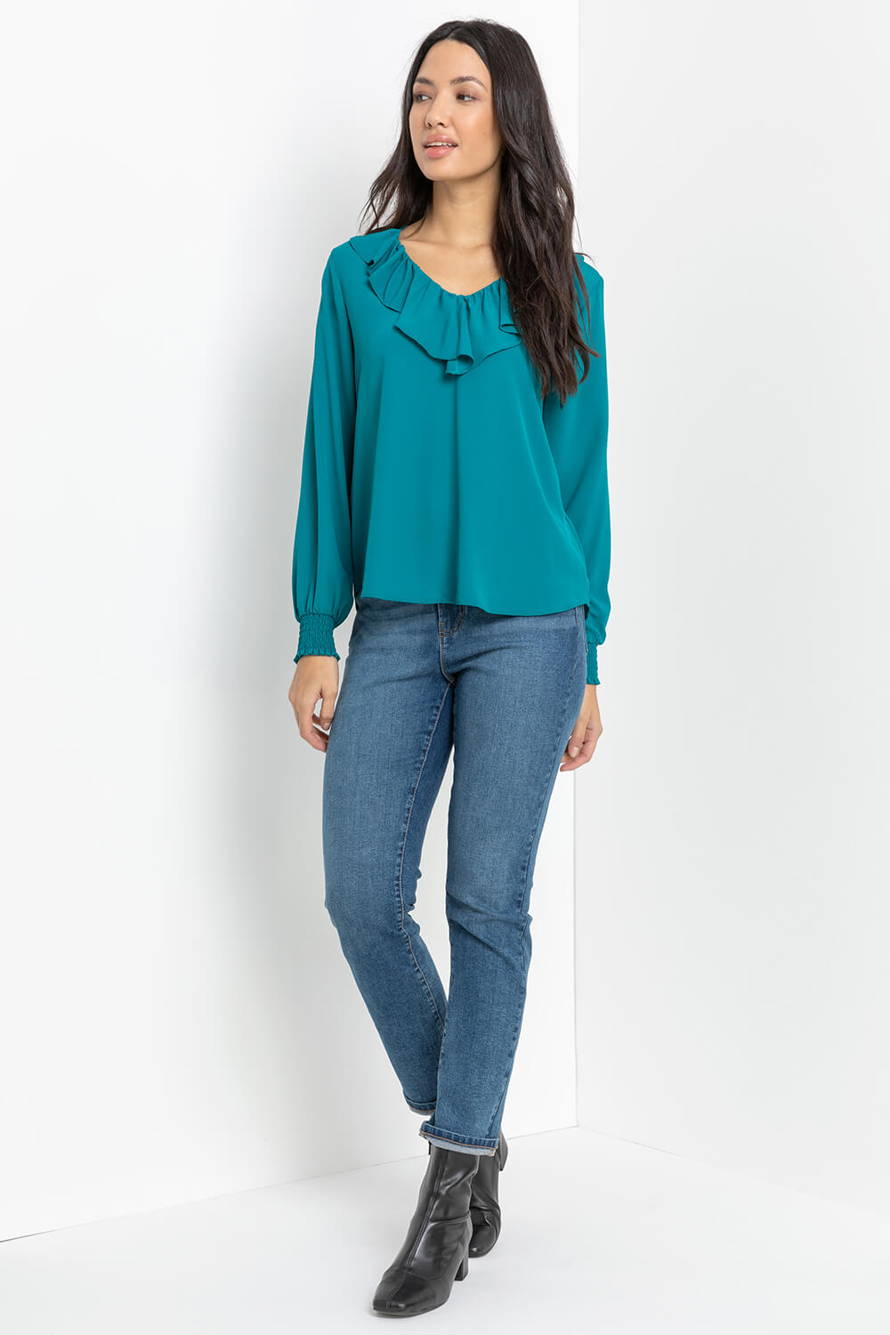 Teal Chiffon Frill Neck Detail Top, Image 3 of 4