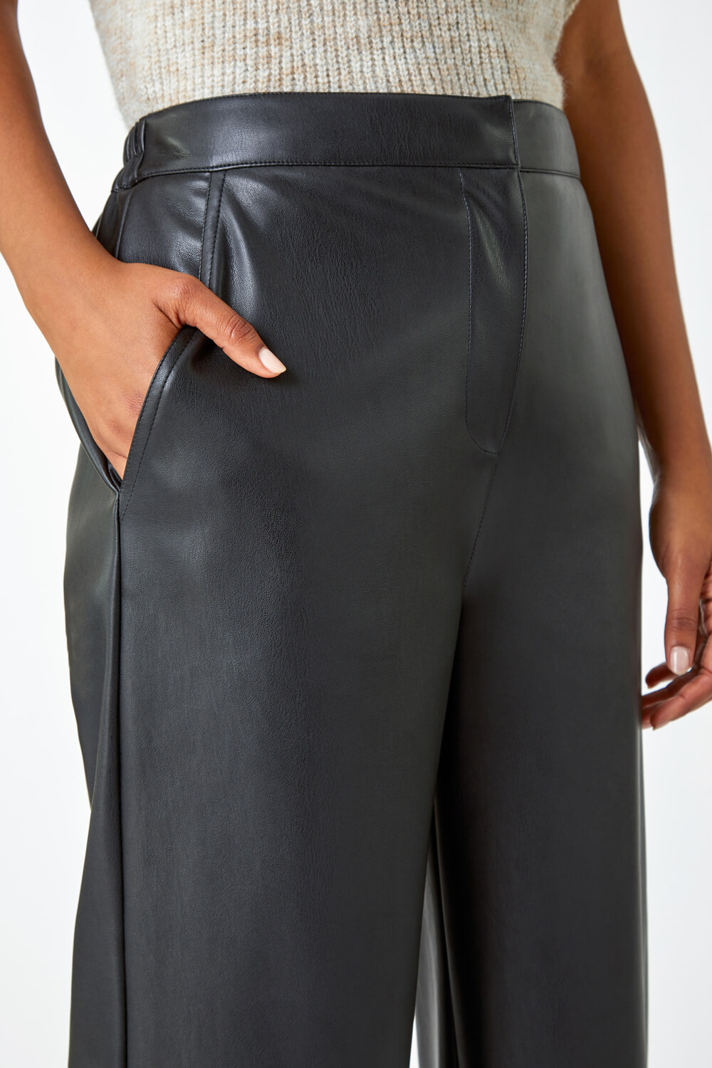 Black Faux Leather Wide Leg Crop Trousers | Roman UK