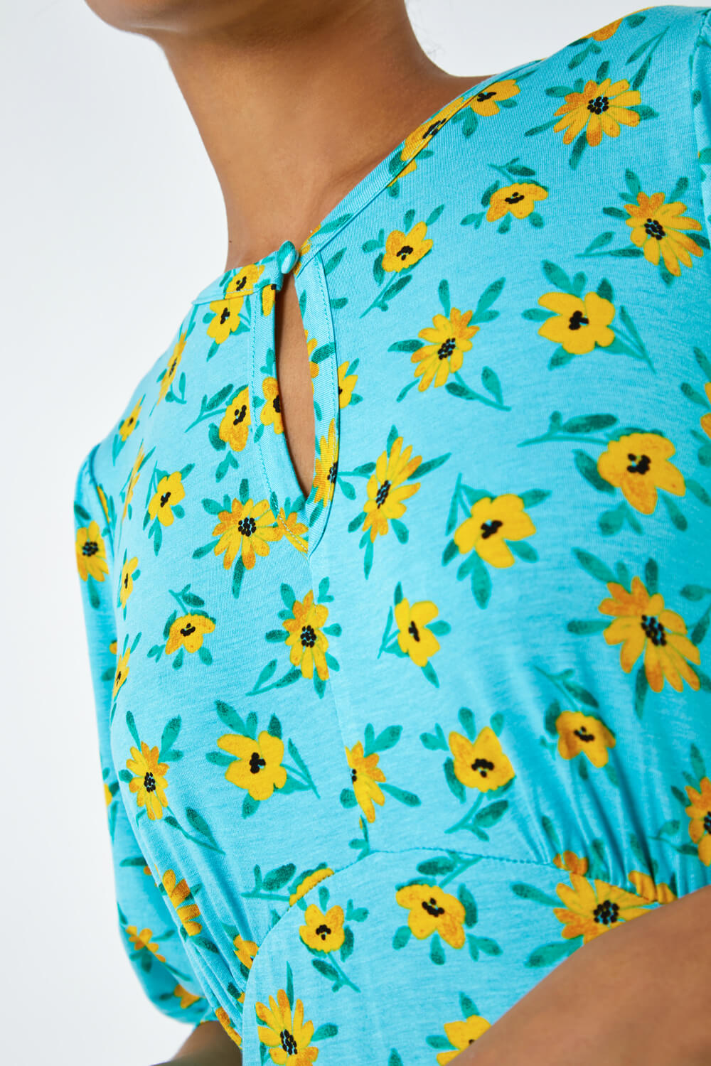 Blue Sunflower Print Keyhole Stretch Midi Dress, Image 6 of 6